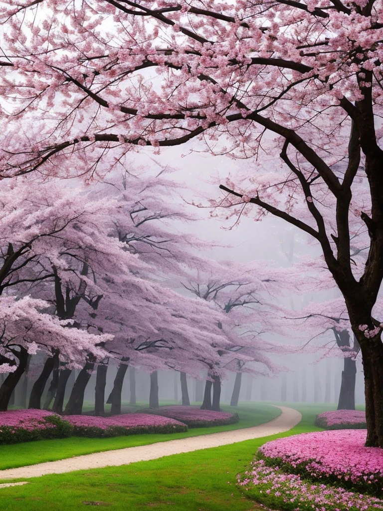 there is a tree with pink flowers in the foggy area, a photo by Cheng Jiasui, flickr, romanticism, extremely beautiful and ethereal, spring early morning, misty garden, incredibly ethereal, cherry blossom forest, cherry blossom, cherry blossoms, flowers and trees, detailed trees in bloom, cherry blossom tree, cherry tree in the background, very ethereal, beautiful!!!!!!!!!
