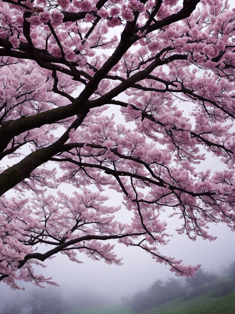 there is a tree with pink flowers in the foggy area, a photo by Cheng Jiasui, flickr, romanticism, extremely beautiful and ethereal, spring early morning, misty garden, incredibly ethereal, cherry blossom forest, cherry blossom, cherry blossoms, flowers and trees, detailed trees in bloom, cherry blossom tree, cherry tree in the background, very ethereal, beautiful!!!!!!!!!