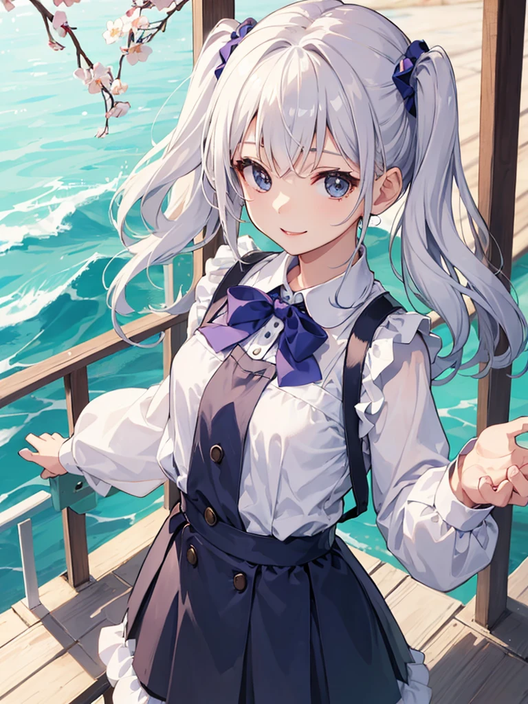 1girl in、AS-Adult、A smile、A delightful! The shirt、skirt by the、(small tits)pinafore、doress、hair adornmentaids)、Spring breeze、