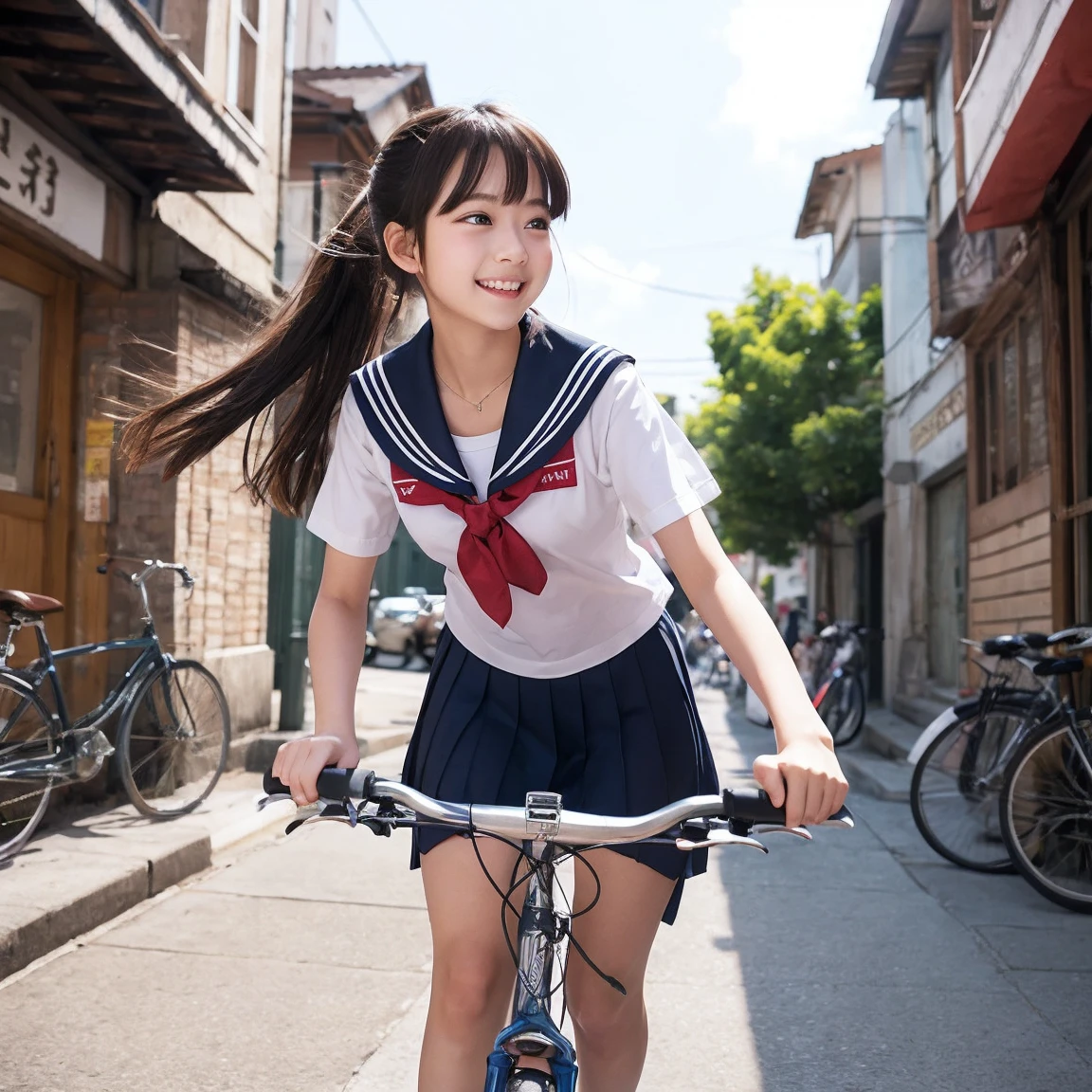 The White Walled City、 High school girl riding a bicycle、 ponytail、 cute、 Summer sailor uniform、 Anime Art、 Hair fluttering in the wind、