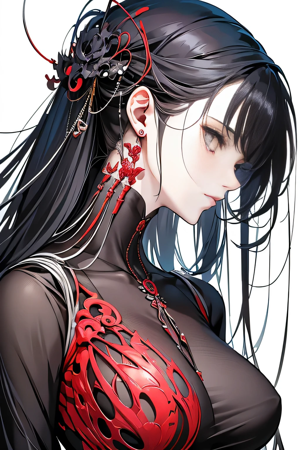 （masterpiece，Highest quality，Highest quality，Official Art，Beauty and aesthetics：1.2），（1. Mechanical Girl：1.3），（Upper body only：1.4），Huge ，Severed from the neck（Exposing internal organs and mechanical entrails），Blood tube，（Pierced the body：1.4 ），Very detailed，rich color details（（Very detailedな）），（Very detailedなCGイラスト），（（Very elegant and beautiful），（From the side From the side），（Machine made joints：1.2），（（Mechanical Limbs）），（チューブに接続されたBlood tube）， （Mechanical vertebrae attached to the back），（（Mechanical cervical vertebrae attached to the neck）），（sit），Expressionless，（Wires and cables attached to the neck：1.2），（Overhead Wires and Cables：1.2）（Character Focus），sf，White Background，（Blood：1.5），Half of the body is mechanical、Head coming out of chest