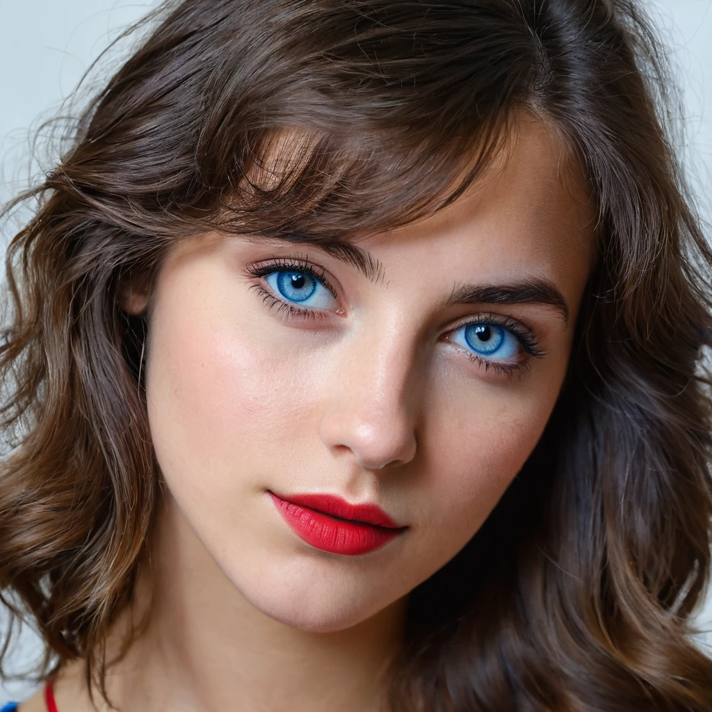 ultra réaliste, portrait, 20 ans, femme brune, yeux bleu, cheveux longs, ondulés, rouge a lèvres, naturelle, boucle d'oreilles, regarde le spectateur, prise de vue en dessous des epaules