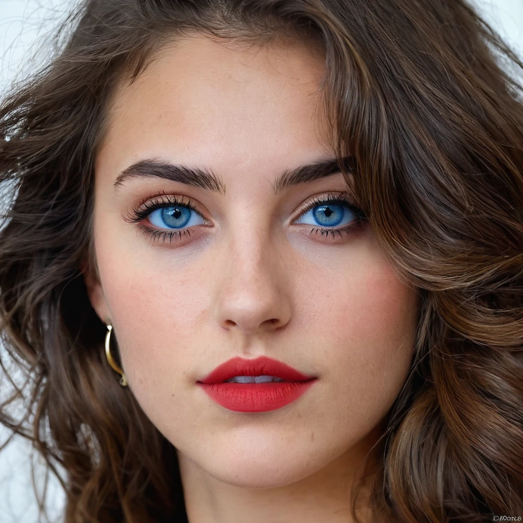 ultra réaliste, portrait, 20 ans, femme brune, yeux bleu, cheveux longs, ondulés, rouge a lèvres, naturelle, boucle d'oreilles, regarde le spectateur, prise de vue en dessous des epaules