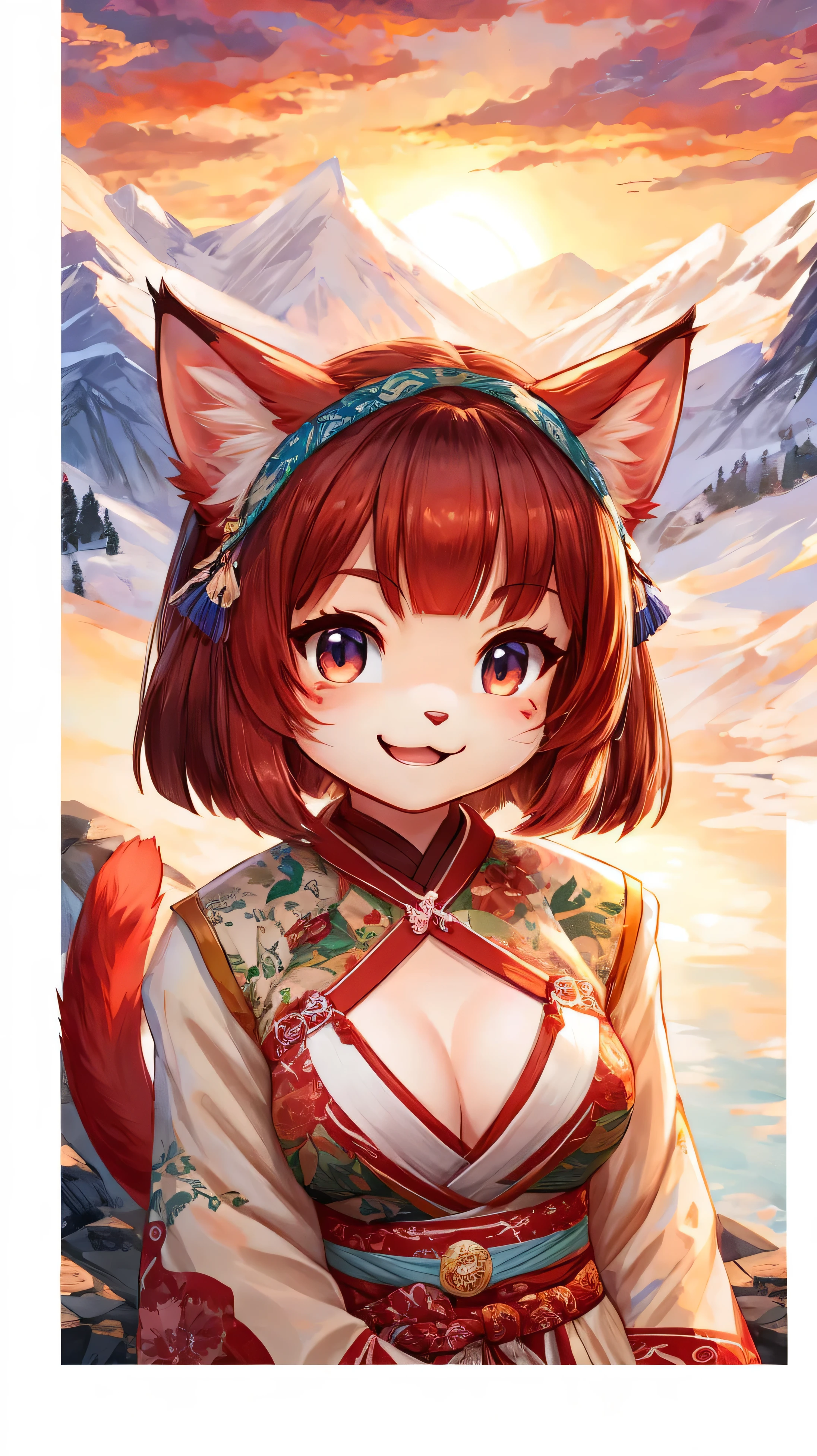 Yaki Neko，cute，Girl，Beautiful view of the mountains，Hanfu，Happy smile，girl，A-cup breasts，Cat，Height 160cm，Red cat tail