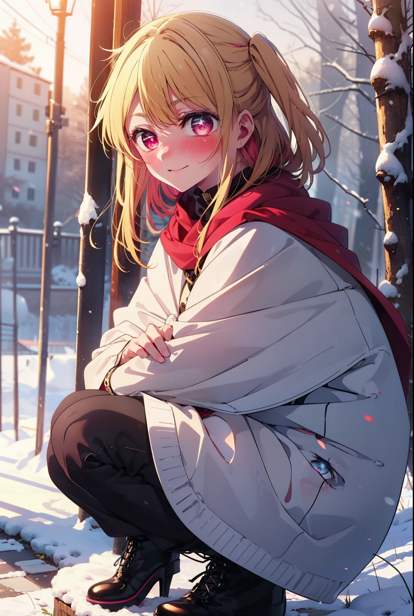 rubyhoshino, Hoshino Ruby, Long Hair, bangs, blonde, (Pink Eyes:1.3), Side Lock, (Symbol-shaped pupil:1.5), Multicolored Hair, Two-tone hair, smile,,smile,blush,white breath,
Open your mouth,snow,Ground bonfire, Outdoor, boots, snowing, From the side, wood, suitcase, Cape, Blurred, , forest, White handbag, nature, Squat, Mouth closed, Cape, winter, Written boundary depth, Black shoes, red Cape break looking at viewer, Upper Body, whole body, break Outdoor, forest, nature, break (masterpiece:1.2), Highest quality, High resolution, unity 8k wallpaper, (shape:0.8), (Beautiful and beautiful eyes:1.6), Highly detailed face, Perfect lighting, Extremely detailed CG, (Perfect hands, Perfect Anatomy),