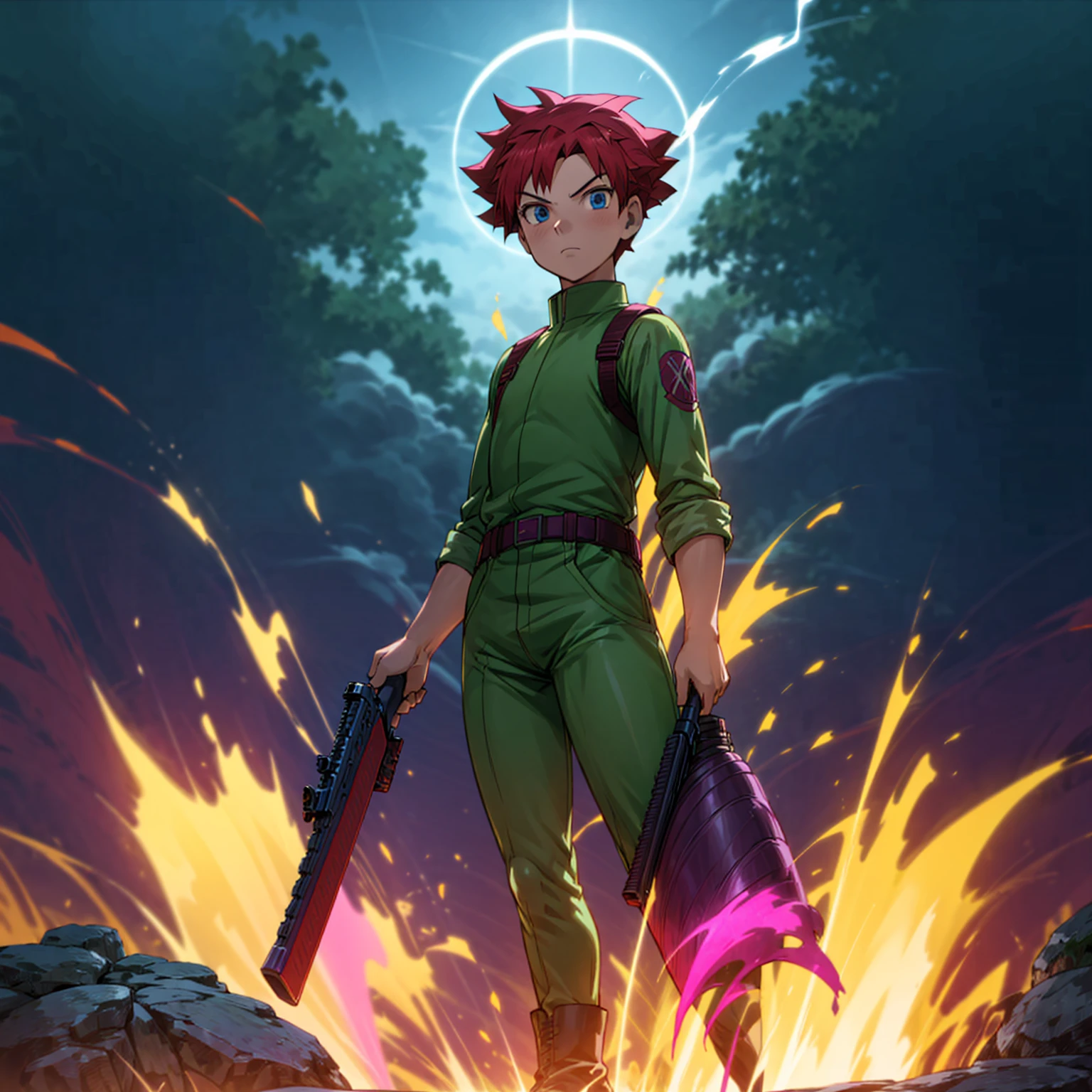 1boy, muscle, Full body version, 1character, blue eyes, short haircut, magenta color hair, Farmer style outfit, Boots, Grassroots, full background in field, motion blur, lighting, (Hunter x Hunter style art), big shotgun in hand, big weapon in hand, robot Shield in hand, smoke effect, fire effect, lighting on gun, plasma effect,