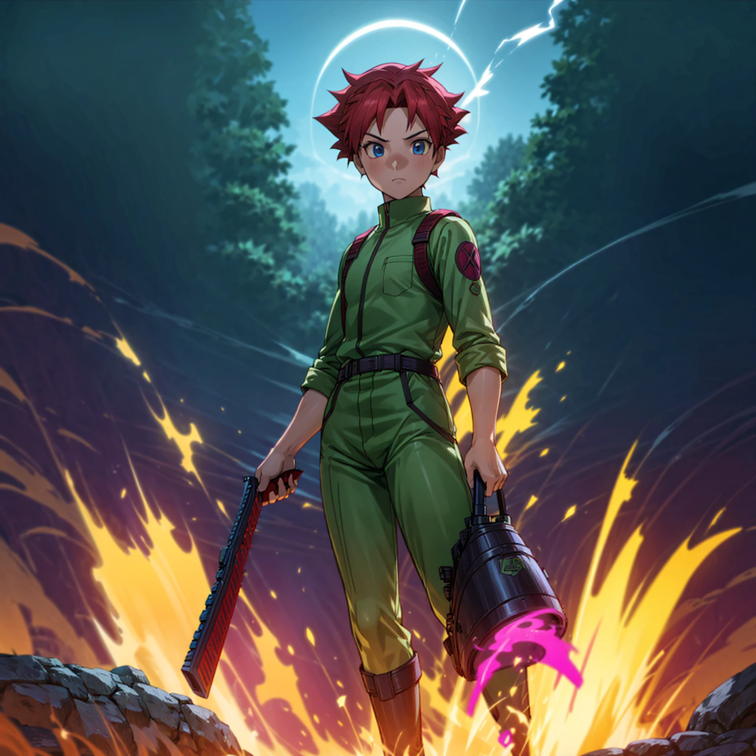 1boy, muscle, Full body version, 1character, blue eyes, short haircut, magenta color hair, Farmer style outfit, Boots, Grassroots, full background in field, motion blur, lighting, (Hunter x Hunter style art), big shotgun in hand, big weapon in hand, robot Shield in hand, smoke effect, fire effect, lighting on gun, plasma effect,