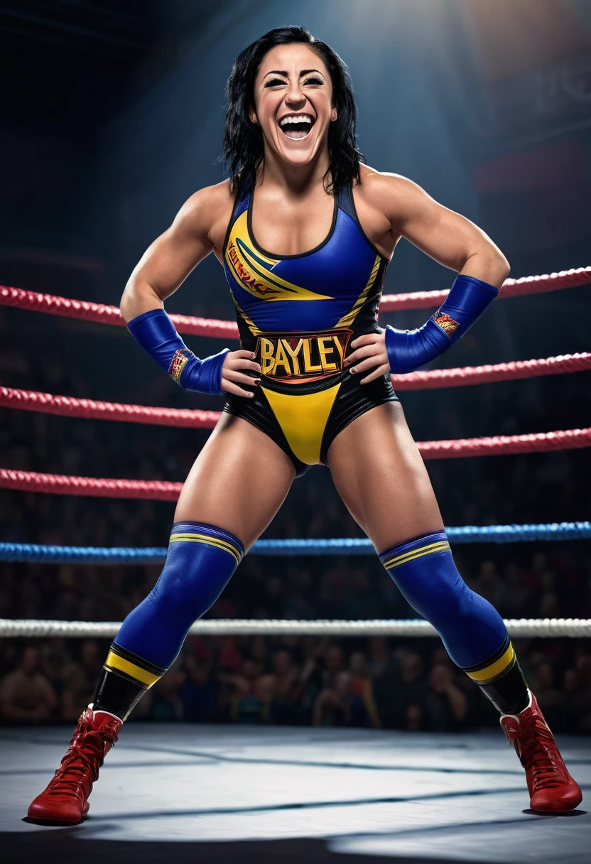 1 female wrestler, Bayley, straight black hair, big smile, muscular athletic female body, grappling pose, wrestling ring, dynamic action, dramatic lighting, hyper realistic, 8k, photorealistic, cinematic, vibrant colors, dramatic shadows