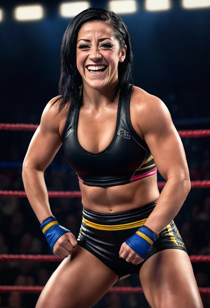 1 female wrestler, Bayley, straight black hair, big smile, muscular athletic female body, grappling pose, wrestling ring, dynamic action, dramatic lighting, hyper realistic, 8k, photorealistic, cinematic, vibrant colors, dramatic shadows