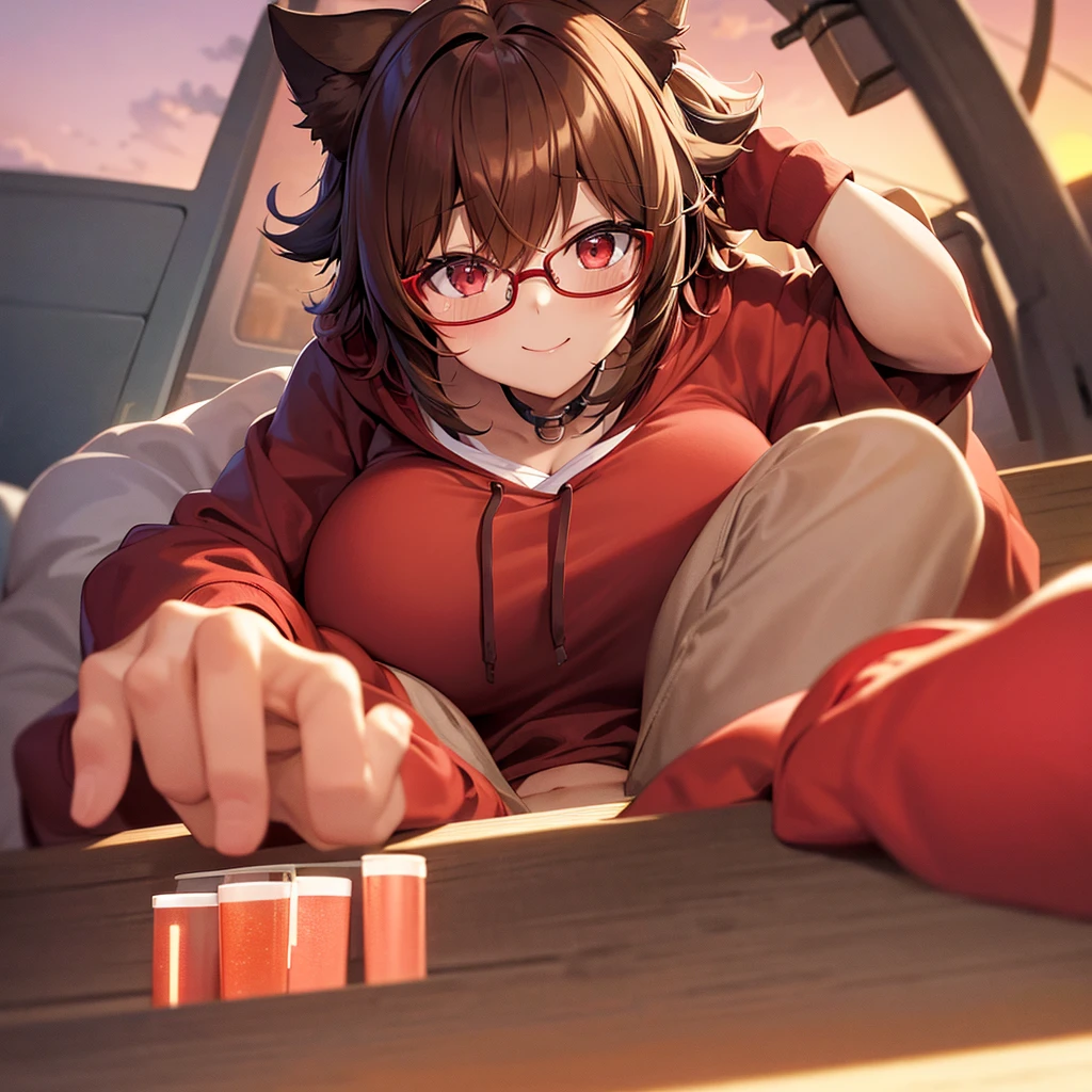 Otaku Girl、1People Girls、Big Breasts、Light brown short hair with outward curlischievous Smile、Red Eyes、Animal Ears、Red Glasses、Wearing a black and red hoodie、Under the sunset sky