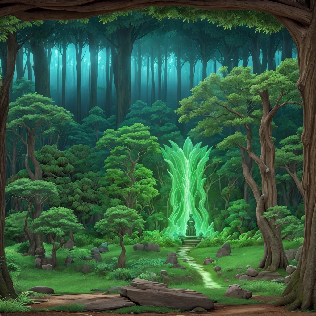 Geographic map of the dark impenetrable forest where monsters live and many secret unexplored places, only the brave men who drew the map enter there. The forest itself is shaped like a medium-sized country and does not have straight lines along the contour. It is known that several rivers flow through the forest area., there is a waterfall. The lake, which is also located in the forest, is filled with light., in its center stands a statue of the goddess patroness of magic. The map itself is very ancient and looks like it was drawn by hand.