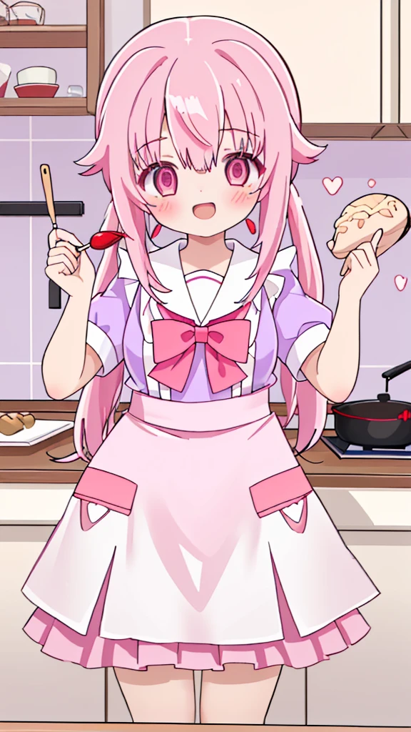 (1girl in、solo、Laugh、Cooking in the kitchen、Cooking shrimp on a plate) pink hair, pink eyes with love, detailed eyes, straight hair, straight bangs, shiny hair,
,red bowtie,purple skirt,purple shirt,pleated skirt,short sleeves, high-definition,masterpiece, best quality, slim waist, cute, sailor uniform, Wear an apron, (PastelColors: 1.3)