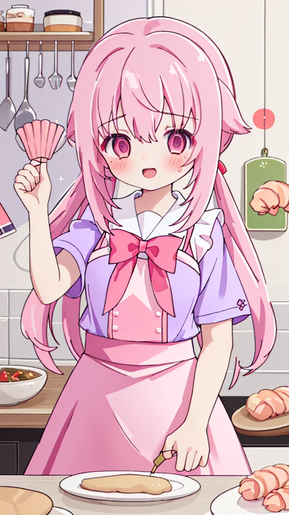 (1girl in、solo、Laugh、Cooking in the kitchen、Cooking shrimp on a plate) pink hair, pink eyes with love, detailed eyes, straight hair, straight bangs, shiny hair,
,red bowtie,purple skirt,purple shirt,pleated skirt,short sleeves, high-definition,masterpiece, best quality, slim waist, cute, sailor uniform, Wear an apron, (PastelColors: 1.3)