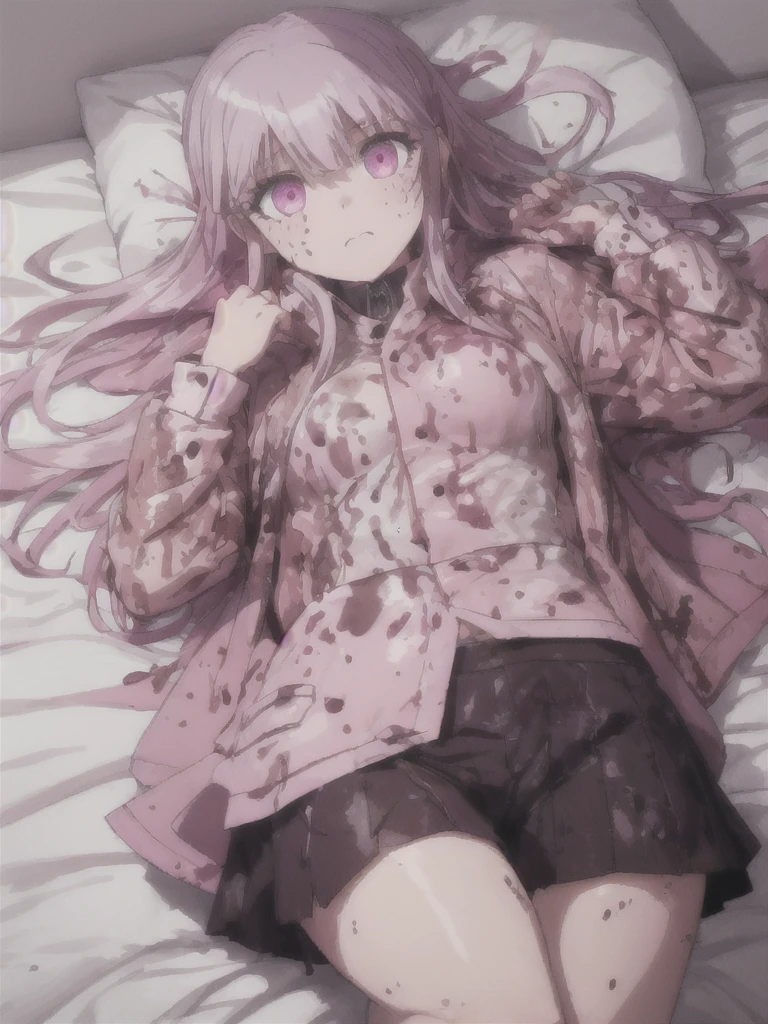 a beautiful girl with long light purple hair wearing a shiny pink raincoat, laying on a bed with white sheets and pillows, looking up at the viewer with an embarrassed and shy expression, her clothes are dripping and splattered with mud, detailed eyes, black pleated skirt, perfect anatomy, kyouko kirigiri, long hair with bangs, ribbon, purple eyes, single braid, pink rainboots