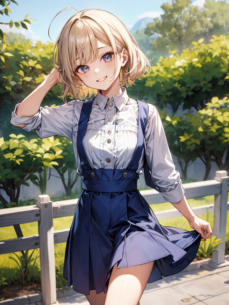 1girl in、AS-Adult、A smile、A delightful!　The shirt、skirt by the、（small tits）pinafore、doress、hair adornmentaids）、Spring breeze、
