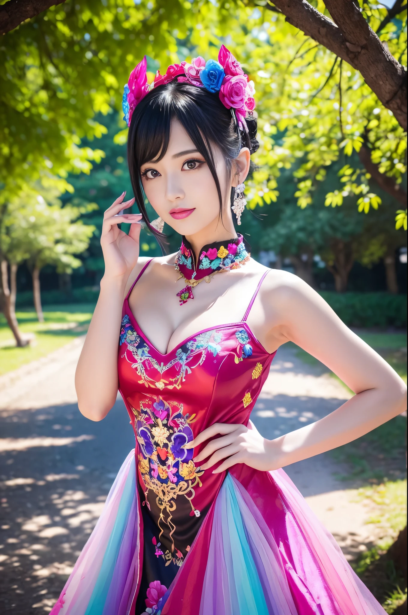 (masterpiece:1.4), (best quality:1.4), ultra high res, ultra high resolution, ((detailed facial features)), HDR, (realistic, photorealistic, photo-realistic:1.37), full body Esbian, sexy swedish model, (-anime), only 1 model, vivid colors, ((vivid colors multicolor (fuchsia, pink, light blue, purple) very short hair)), (seductive smile), lip-gloss, long lashes, defined eyebrows, wearing large sparkling colorful jewelery, wearing a red silk Paradise Kiss cosplay dress with black floral embroidery, ((vivid colors outfit)), vivid colors, look at the camera, cinematic light, large park background with trees, sweet and sexy pose