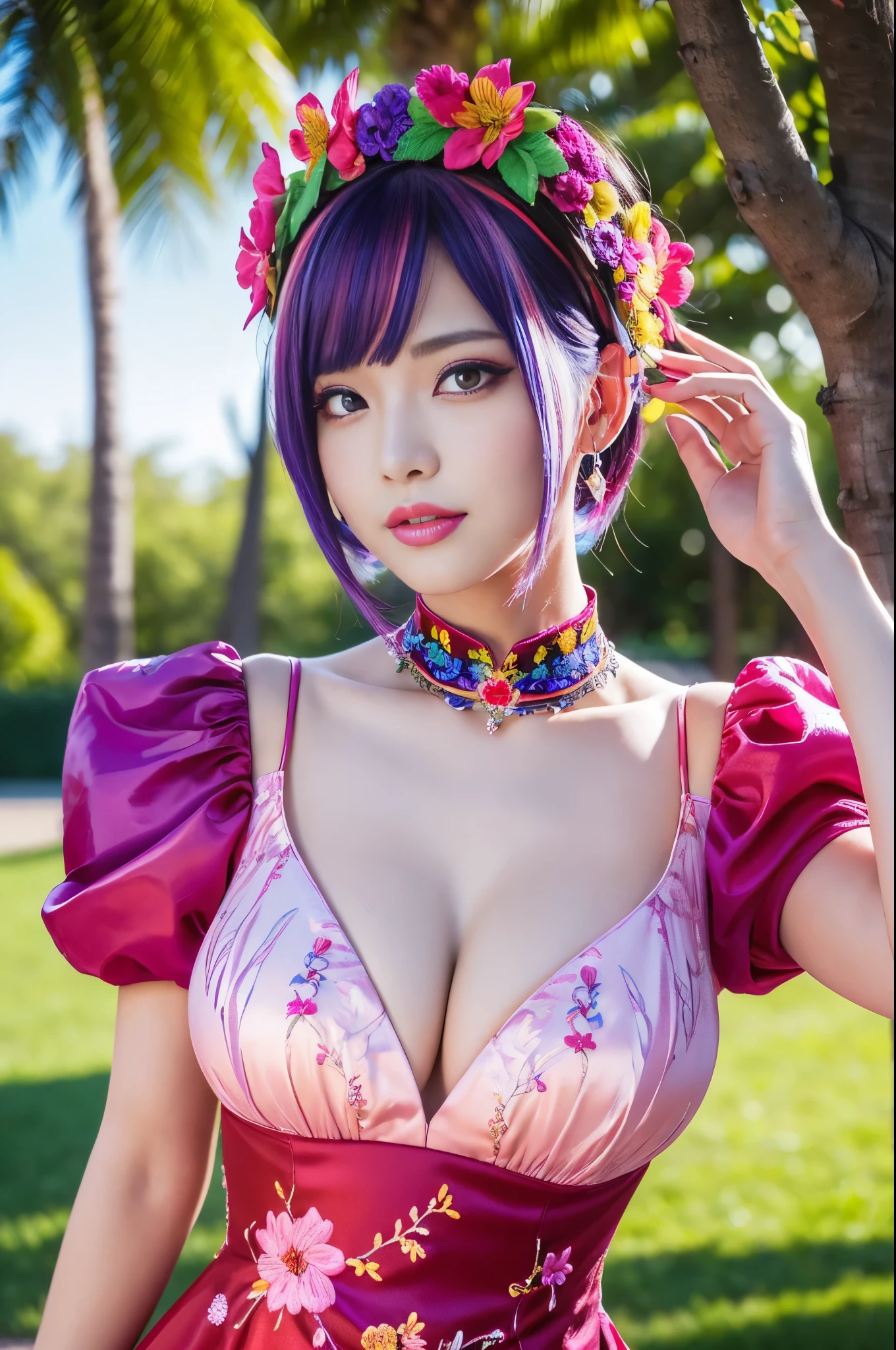 (masterpiece:1.4), (best quality:1.4), ultra high res, ultra high resolution, ((detailed facial features)), HDR, (realistic, photorealistic, photo-realistic:1.37), full body Esbian, sexy swedish model, (-anime), only 1 model, vivid colors, ((vivid colors multicolor (fuchsia, pink, light blue, purple) very short hair)), (seductive smile), lip-gloss, long lashes, defined eyebrows, wearing large sparkling colorful jewelery, wearing a red silk Paradise Kiss cosplay dress with black floral embroidery, ((vivid colors outfit)), vivid colors, look at the camera, cinematic light, large park background with trees, sweet and sexy pose
