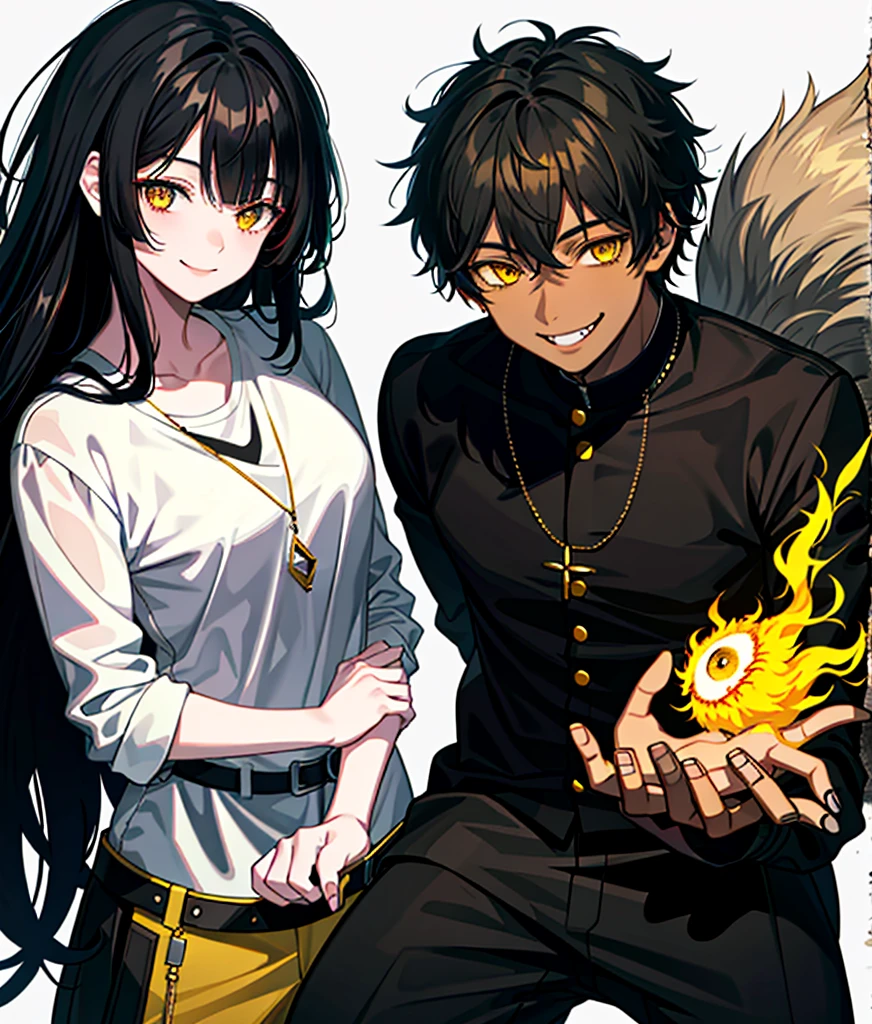 A black werewolf boy with black hair and yellow eyes and a human girl with brown hair and brown eyes together, smiling.
