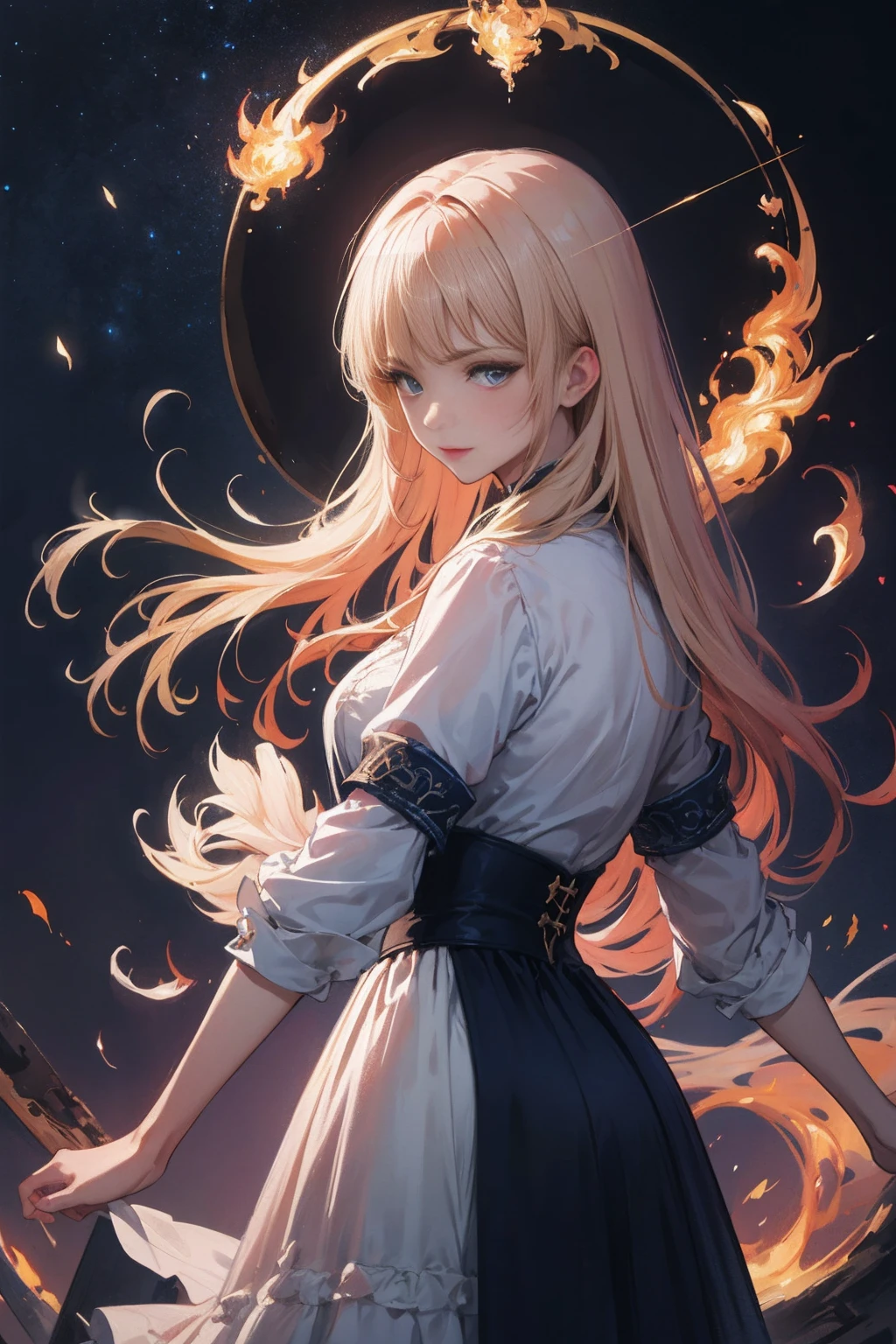 8k resolution, masterpiece, Highest quality, Award-winning works, unrealistic, From above, erotic, Only sexy women, healthy shaped body, Anatomically accurate skeleton, 22 years old, Black Mage, Height: 170cm, Large, firm, swaying bust,, Silvery long wavy hair, Detailed facial depiction, break, Mysterious blue eyes, Standard Nose, eyeliner, Pink Lips, Sexy long legs, Clear, glowing skin, holy knight, Gothic ruffle long dress, A dress with a complex structure, Seven colourful dresses, Clothed in flames, royal coat of arms, elegant, Very detailed, Delicate depiction of hair, Miniature Painting, Digital Painting, artステーションコンセプトart, Smooth, Sharp focus, shape, artジャム、Greg Rutkowski、Alphonse Mucha、William Adolphe Bouguereau、art：Stephanie Law , Royal Jewel, nature, Symmetric, Greg Rutkowski, Charlie Bowwater, unrealistic, Surreal, Dynamic Lighting, ファンタジーart, Complex colors, Buddhist Mandala, Colorful magic circle, flash, dynamic sexy pose, A kind smile, Mysterious Background, aura, A gentle gaze, break, Small faint lights and flying fireflies, night, lanthanum, 山の頂From above下界を見下ろす, Starry Sky, milky way, nebula, shooting star, Flowers, bird, Wind and Moon, (From the side, Looking back towards the camera:1.3), Cast a healing spell, A pillar of light stretching into the sky, Laser beam, Climb the stairway to heaven