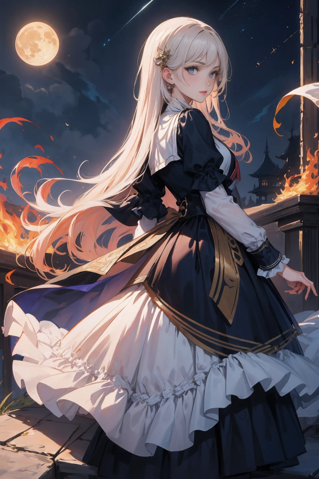 8k resolution, masterpiece, Highest quality, Award-winning works, unrealistic, From above, , Only sexy women, healthy shaped body, Anatomically accurate skeleton, 22 years old, Black Mage, Height: 170cm, Large, firm, swaying bust,, Silvery long wavy hair, Detailed facial depiction, break, Mysterious blue eyes, Standard Nose, eyeliner, Pink Lips, Sexy long legs, Clear, glowing skin, holy knight, Gothic ruffle long dress, A dress with a complex structure, Seven colourful dresses, Clothed in flames, royal coat of arms, elegant, Very detailed, Delicate depiction of hair, Miniature Painting, Digital Painting, artステーションコンセプトart, Smooth, Sharp focus, shape, artジャム、Greg Rutkowski、Alphonse Mucha、William Adolphe Bouguereau、art：Stephanie Law , Royal Jewel, nature, Symmetric, Greg Rutkowski, Charlie Bowwater, unrealistic, Surreal, Dynamic Lighting, ファンタジーart, Complex colors, Buddhist Mandala, Colorful magic circle, flash, dynamic sexy pose, A kind smile, Mysterious Background, aura, A gentle gaze, break, Small faint lights and flying fireflies, night, lanthanum, 山の頂From above下界を見下ろす, Starry Sky, milky way, nebula, shooting star, Flowers, bird, Wind and Moon, (From the side, Looking back towards the camera:1.3), Cast a healing spell, A pillar of light stretching into the sky, Laser beam, Climb the stairway to heaven
