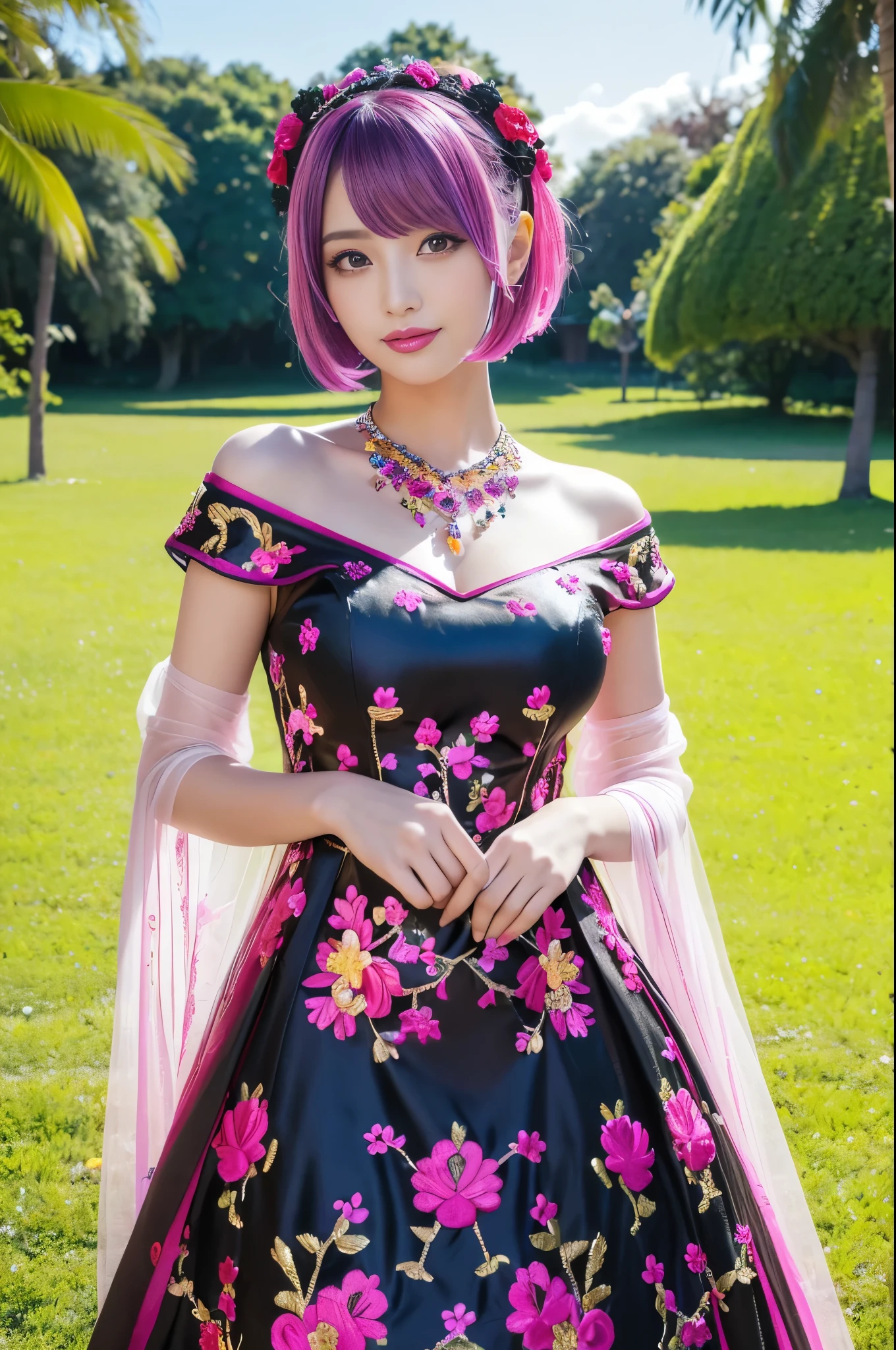 (masterpiece:1.4), (best quality:1.4), ultra high res, ultra high resolution, ((detailed facial features)), HDR, (realistic, photorealistic, photo-realistic:1.37), full body Esbian, sexy swedish model, (-anime), only 1 model, vivid colors, ((vivid colors multicolor (fuchsia, pink, light blue, purple) very short hair)), (seductive smile), lip-gloss, long lashes, defined eyebrows, wearing large sparkling colorful jewelery, wearing a red silk Paradise Kiss cosplay dress with black floral embroidery, ((vivid colors outfit)), vivid colors, look at the camera, cinematic light, large park background with trees, sweet and sexy pose