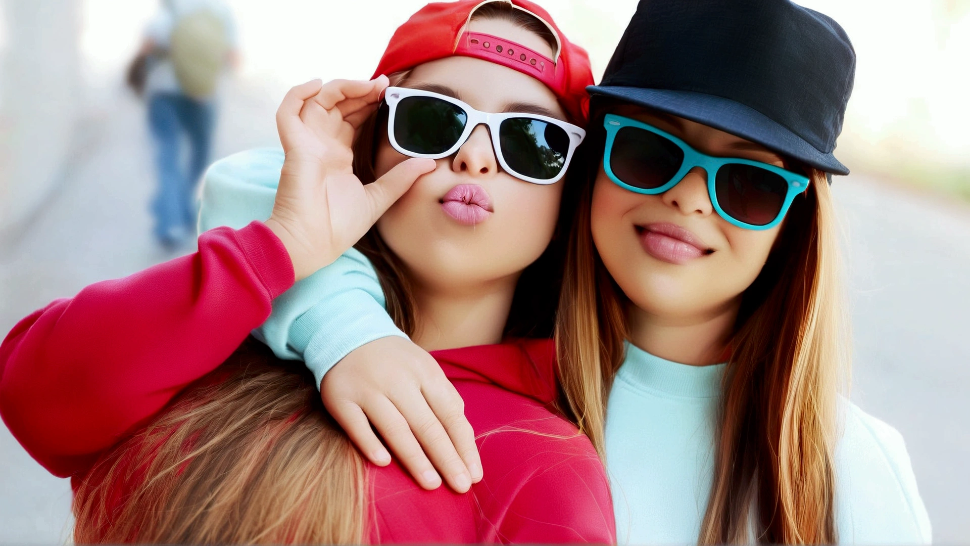 there are two girls that are wearing sunglasses and hats, cute girls, wearing sunglasses and a cap, wearing cool sunglasses, wearing mirrored sunglasses, wearing sunglasses and a hat, young girls, sunglasses on, with sunglass, wearing sunglasses, wearing oakley sunglasses, wearing shades, funny sunglasses, wearing blue sunglasses, young and cute, shutterstock, big sunglasses