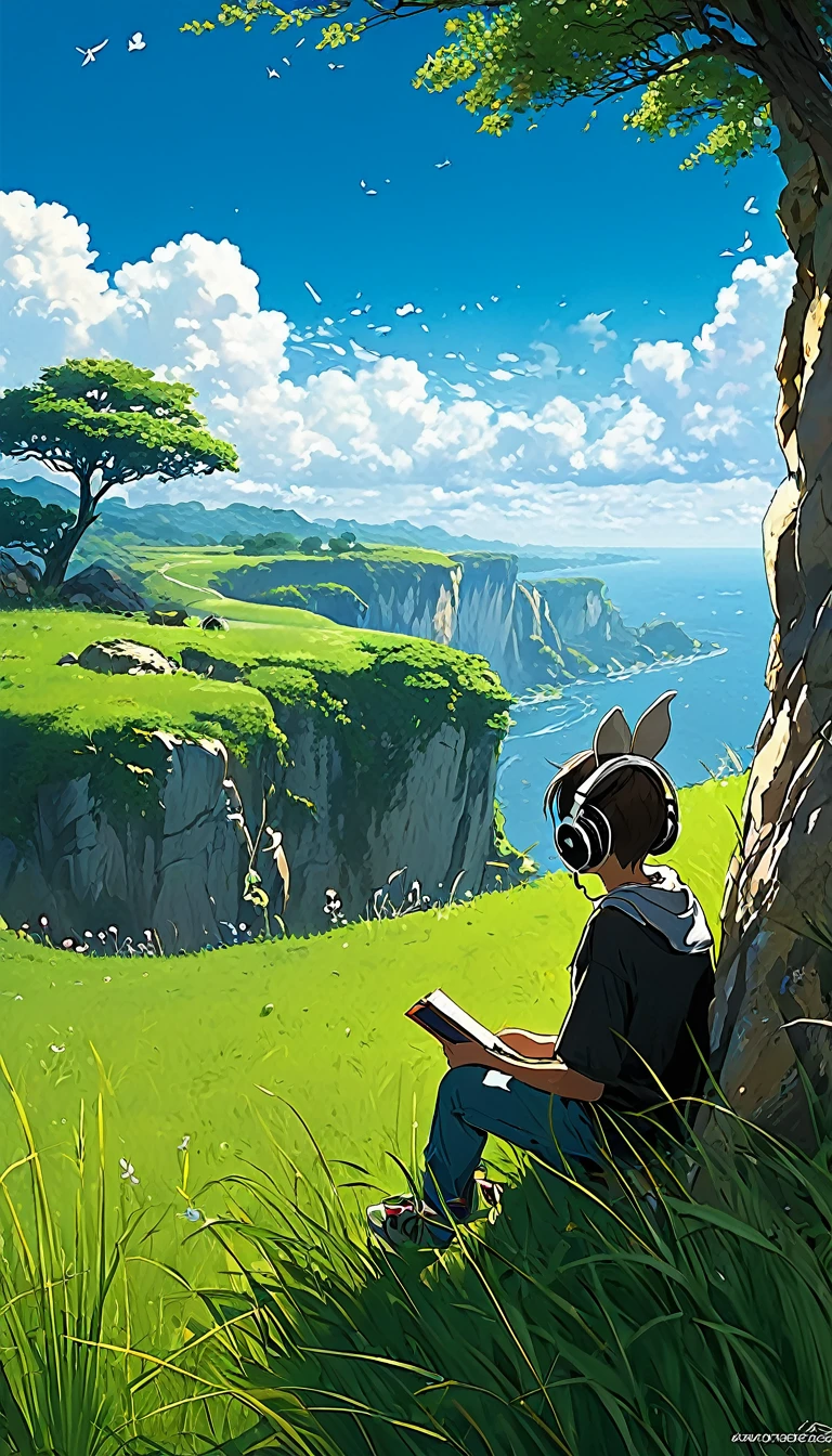 a boy sitting under a tree near a cliff in a meadow , seeing a vast blue sky with fluffy clouds and brush strokes , tall grasses stones, , makoto shinkai cyril rolando, anime art wallpaper 4k, anime art wallpaper 4k, animated background, anime art wallpaper 8K, animated background art, Anime Landscape Wallpaper, amazing wallpaper, HD wallpaper, 4k anime wallpaper, 4k anime wallpaper, Aries Moross art,art by Bob Byerley , AshleyWoodArtAI, greg rutkowski, flower, very colourful, flower velly, rabbit near the boy,boy listening music using by headphone