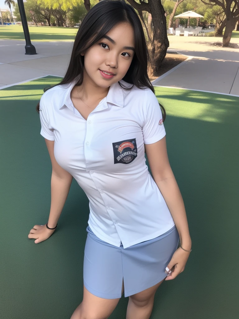 1girl, solo, (uniform), (ultra wide angle shot :1.4), standing, beach view, surprisingly beautiful scenery, detailed face, detailed eyes, thick breasts, smooth realistic skin, tight white shirt, grey blue short skirt, looking at the audience, (8k, RAW photo, best quality, masterpiece: 1.2), (realistic, realistic: 1.37), ultra-high resolution