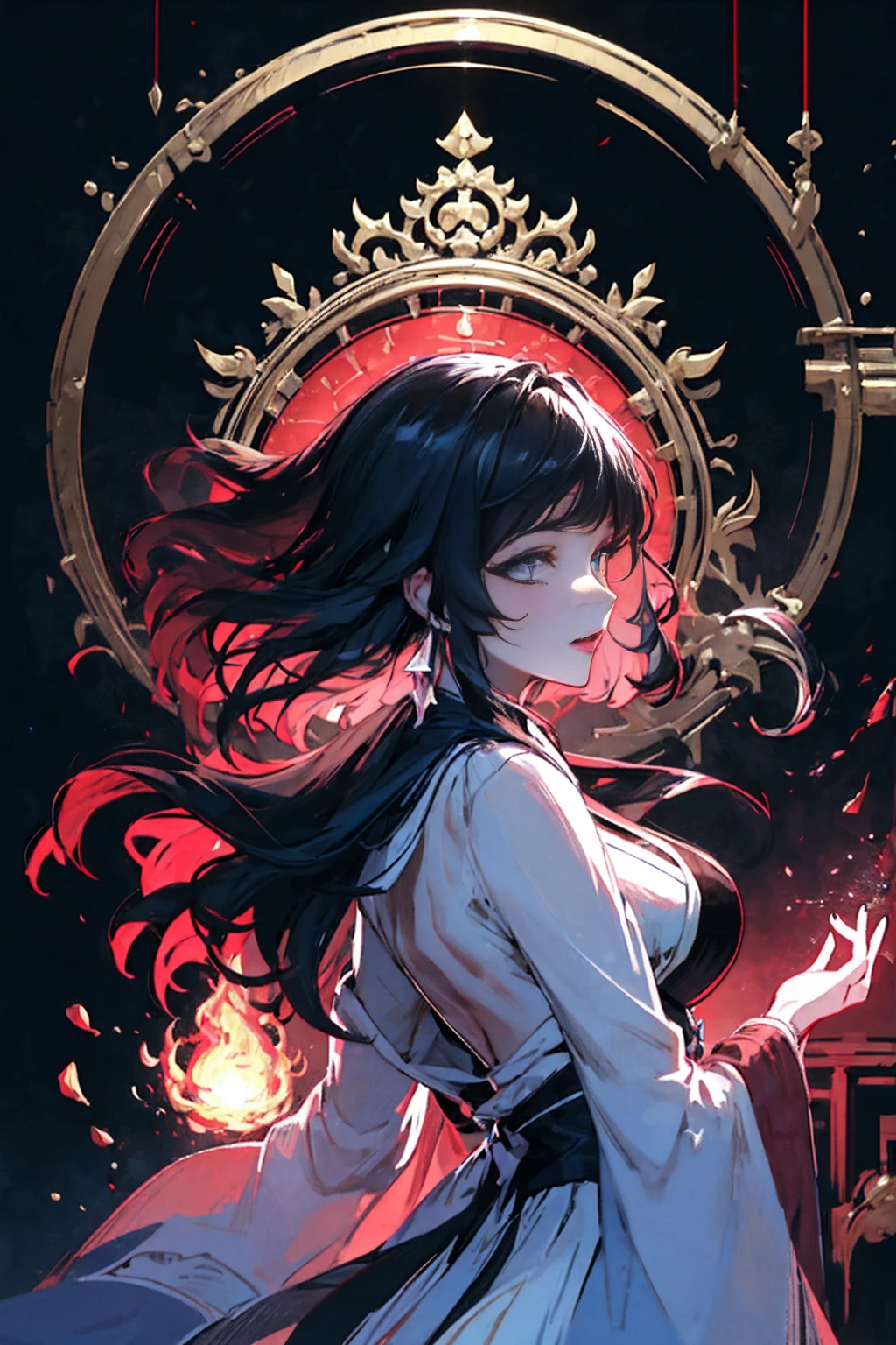 8k resolution, masterpiece, Highest quality, Award-winning works, unrealistic, From above, erotic, Only sexy women, healthy shaped body, Anatomically accurate skeleton, 22 years old, Black Mage, Height: 170cm, Large, firm, swaying bust,, Silvery long wavy hair, Detailed facial depiction, break, Mysterious blue eyes, Standard Nose, eyeliner, Pink Lips, Sexy long legs, Clear, glowing skin, holy knight, Gothic ruffle long dress, A dress with a complex structure, Seven colourful dresses, Clothed in flames, royal coat of arms, elegant, Very detailed, Delicate depiction of hair, Miniature Painting, Digital Painting, artステーションコンセプトart, Smooth, Sharp focus, shape, artジャム、Greg Rutkowski、Alphonse Mucha、William Adolphe Bouguereau、art:Stephanie Law , Royal Jewel, nature, Symmetric, Greg Rutkowski, Charlie Bowwater, unrealistic, Surreal, Dynamic Lighting, ファンタジーart, Complex colors, Buddhist Mandala, Colorful magic circle, flash, dynamic sexy pose, A kind smile, Mysterious Background, aura, A gentle gaze, break, Small faint lights and flying fireflies, night, lanthanum, 山の頂From above下界を見下ろす, Starry Sky, milky way, nebula, shooting star, Flowers, bird, Wind and Moon, (From the side, Looking back towards the camera:1.3), Cast a healing spell, A pillar of light stretching into the sky, Laser beam, Climb the stairway to heaven