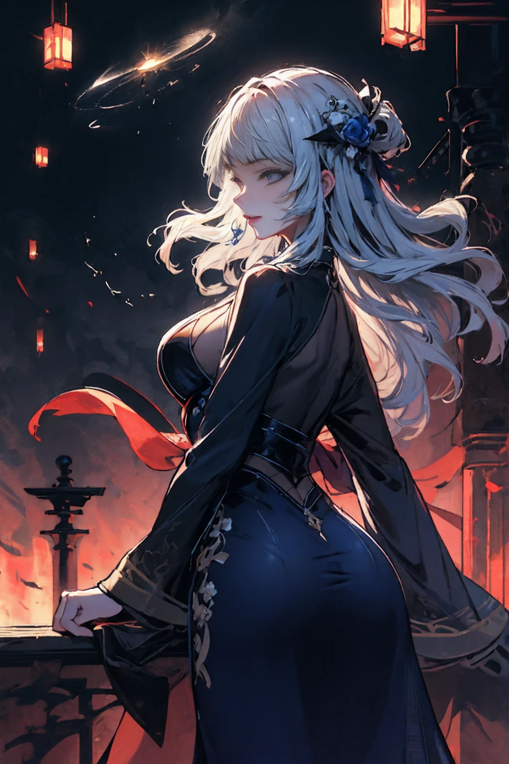 8k resolution, masterpiece, Highest quality, Award-winning works, unrealistic, From above, erotic, Only sexy women, healthy shaped body, Anatomically accurate skeleton, 22 years old, Black Mage, Height: 170cm, Large, firm, swaying bust,, Silvery long wavy hair, Detailed facial depiction, break, Mysterious blue eyes, Standard Nose, eyeliner, Pink Lips, Sexy long legs, Clear, glowing skin, holy knight, Gothic ruffle long dress, A dress with a complex structure, Seven colourful dresses, Clothed in flames, royal coat of arms, elegant, Very detailed, Delicate depiction of hair, Miniature Painting, Digital Painting, artステーションコンセプトart, Smooth, Sharp focus, shape, artジャム、Greg Rutkowski、Alphonse Mucha、William Adolphe Bouguereau、art:Stephanie Law , Royal Jewel, nature, Symmetric, Greg Rutkowski, Charlie Bowwater, unrealistic, Surreal, Dynamic Lighting, ファンタジーart, Complex colors, Buddhist Mandala, Colorful magic circle, flash, dynamic sexy pose, A kind smile, Mysterious Background, aura, A gentle gaze, break, Small faint lights and flying fireflies, night, lanthanum, 山の頂From above下界を見下ろす, Starry Sky, milky way, nebula, shooting star, Flowers, bird, Wind and Moon, (From the side, Looking back towards the camera:1.3), Cast a healing spell, A pillar of light stretching into the sky, Laser beam, Climb the stairway to heaven