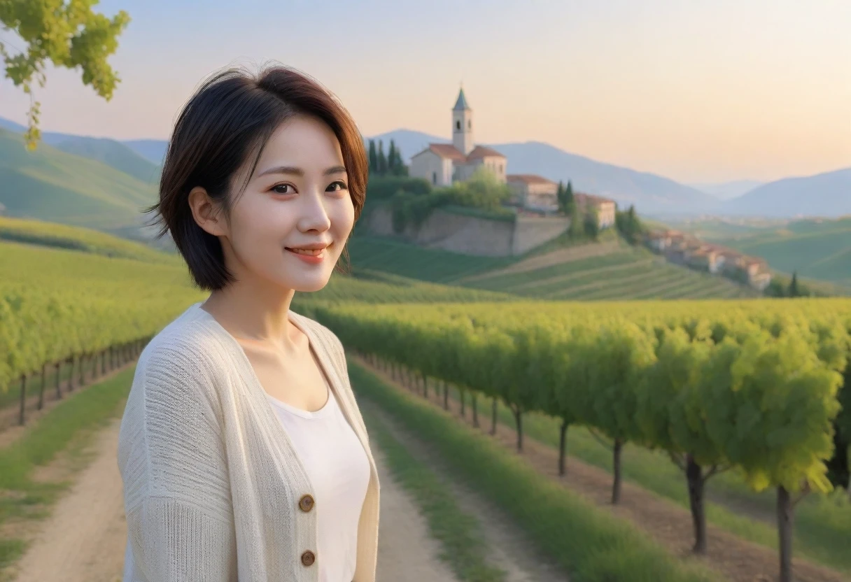 8k best picture quality, Beautiful 36-year-old Korean woman, Chest size 34 inches, northern italy dawn, View of the cathedral next to the vineyards, The back background is realistic and vivid quality., short medium hair, white shirt and cardigan, Wear casual pants, Smile slightly. the background is clear, look up to the side. cottonwood tree-lined hill, Looking at the vineyards from a curved path