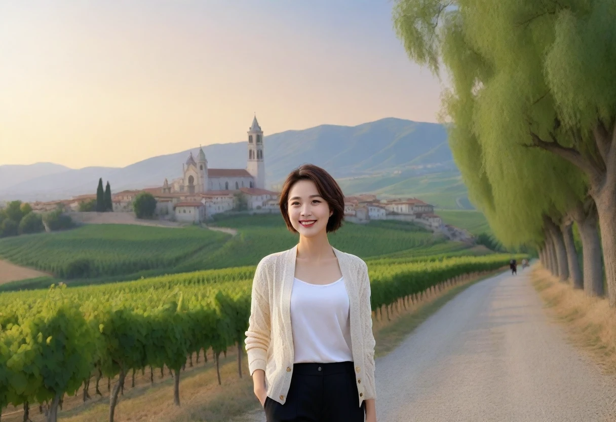 8k best picture quality, Beautiful 36-year-old Korean woman, Chest size 34 inches, northern italy dawn, View of the cathedral next to the vineyards, The back background is realistic and vivid quality., short medium hair, white shirt and cardigan, Wear casual pants, Smile slightly. the background is clear, look up to the side. cottonwood tree-lined hill, Looking at the vineyards from a curved path