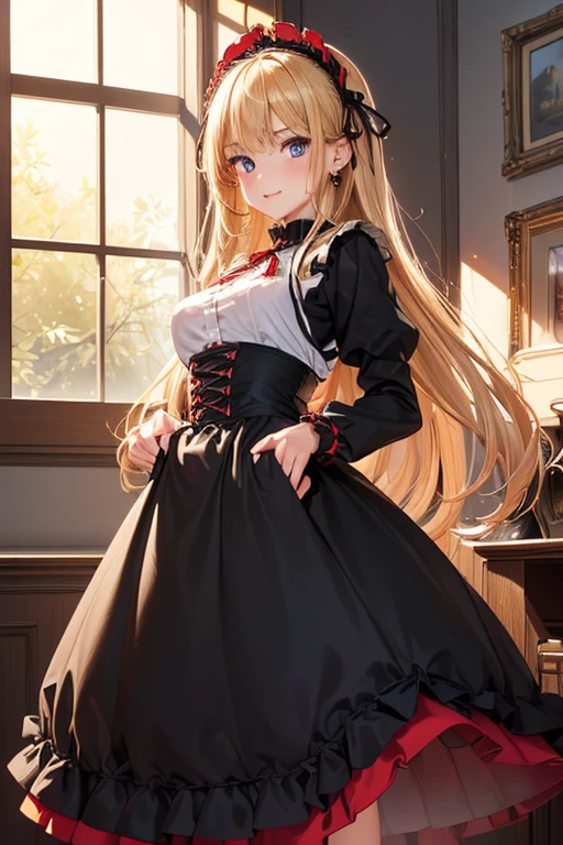 #基本 
女の子がphotographのポーズをとっている, ((One Girl)), (((Baby Face:1.2)) + ((cute:1.3))), 
#女の子がphotographのポーズをとっている, ((One Girl)), (((Baby Face)) + ((cute)) + 16 years old), 
break 

#Clothing Accessories 
(((Black and Red:1.4)Gothic Lolita Dresses) : Elegant + (Baroque Dress) + Gothic Lolita Fashion + (Long skirt dress:1.4) + (Black and Red)jabot + (Black and Red)Bustier + (Black and Red)corset + ((Black and Red)Headdress)) + (Black High Heels), 
red gem earrings, Fancy Necklace,  
break 

#Features 
(Blonde:1.2), (Straight bangs + trimmed bangs), (Long Hair : Long Hair + Straight hair),  
(Droopy eyes, blue eyes), (Very small breasts), 
break 

#background environment 
(noon, (By the window in my study, bathed in sunlight)), 
#Facial Expression Pose 
((smile:1.4, blush), (Touching hair with hands, Walking)), 
#composition 
((To the camera, Focus from the front, Cowboy Shot)),  
break 

#Body parts elements 
(Slim figure), 
(Detailed Hair, Beautiful Hair, Shiny Hair), 
(double eyelid, Long eyelashes), 
(Expression of fine eyes, Beautiful and delicate eyes, Sparkling eyes, Eye Reflexes, Glitter Eyeliner, Big eyes:1.2), 
(Human Ear), 
(Beautiful Nose, Thin Nose), 
(Glossy Lips, Beautiful Lips, Thick lips, Glossy Lips, Natural Cheeks), 
(Detailed face, Symmetrical facial features), 
(Detailed skin, Textured skin, Beautiful Skin, Glowing Skin), 
break 

#Quality Image Quality Common 
(((Highest quality)), ((masterpiece)), ((Very detailed))), ((High resolution)), ((16K,1080P)), 
(Anatomically correct), (Realistic), (3DCG), 

#Quality image illustration 
((comics, anime)), CG illustration, 
#Quality image quality realistic 
#(photo-Realistic:1.37), (Photorealistic), ((RAWphotograph)), (photograph), 
