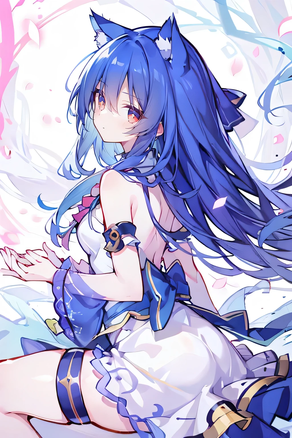 (masterpiece:1.2),Super detailed,lifelike,Expressive eyes,fair skin,perfect face shape,1 girl,
Japanese comics,Gorgeous blue hair,flowing blue hair,flowing clothes,Cat ears,Petals fall,beautiful lola,Baby Angel,
Shaking head with one hand,Cross your legs,,The pavilion is cool and comfortable,smile,back views,sunrise,Petals fall,sunrise
