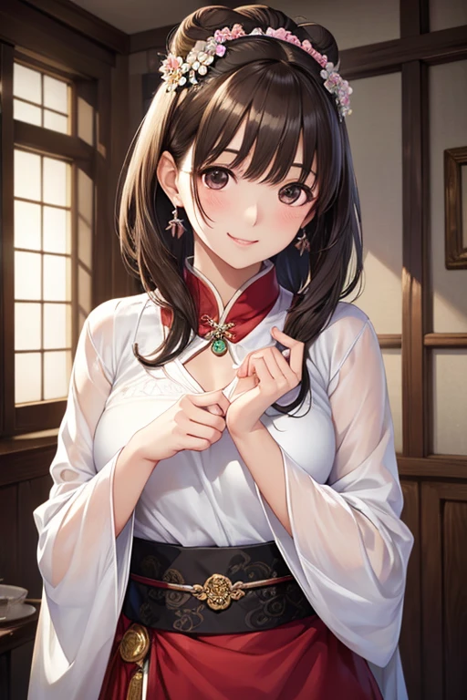 anegasaki nene、Shiny brown hair, short hair, (Beautiful brown eyes、Sparkling eyes, Fine grain)、smile、Ultra-detailed eyes、Highly detailed face, Highly detailed eyes,Cowboy Shot、



(masterpiece:1.2, Highest quality),(Realistic, photoRealistic:1.4),1 female,
jade leaf、、jade leaf、Hair Bun、A single hair、break hair ornament、Long sleeve、jewelry、flower、Earrings、hair flower、necklace、China dress、shawl、Hanbok、break indoor、break Look at the beholder, break 、(masterpiece:1.2)、Highest quality、High resolution、unity 8k wallpaper、(An illustration: 0.8)、(Beautiful attention to detail:1.6)、Highly detailed face、Perfect lighting、Extremely detailed CG、(Perfect hands、Perfect Anatomy), (smile:1.3), gentle smile, blush, Upper Body, Free pose