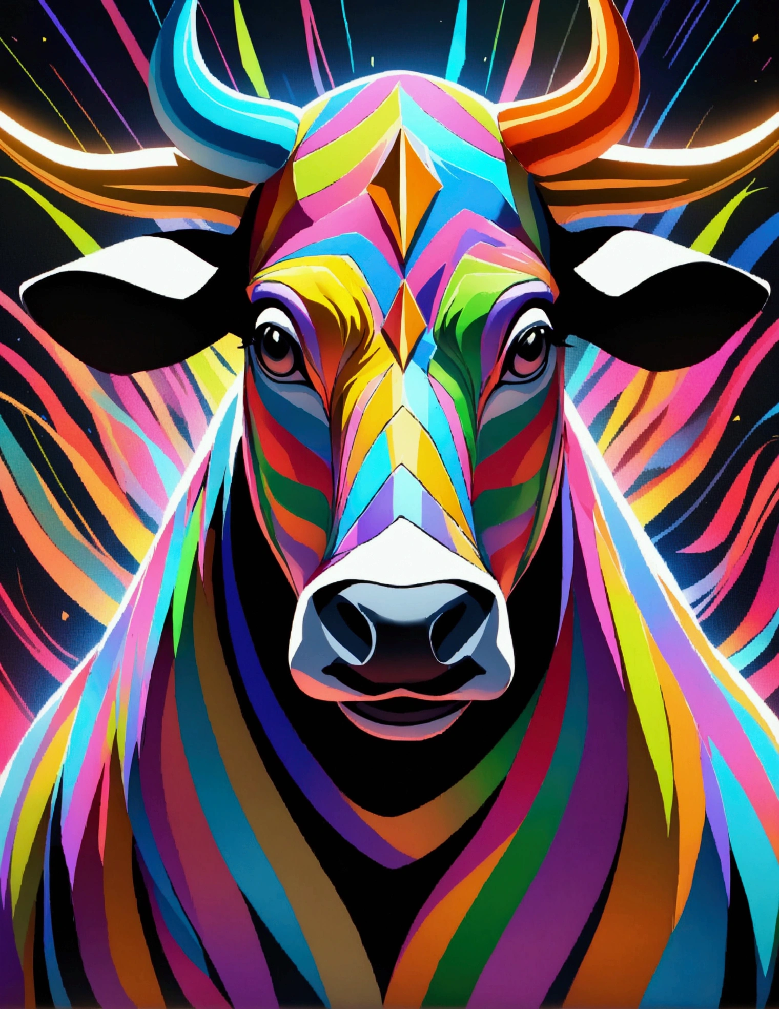 A dazzling, lively, award-winning masterpiece of a cow with dark eyes, black nose, And excessive detail, Psychedelic style. Vibrant colors and dynamic movement showcase this lively spirit and cheerful breed. Unleash your creativity with the golden ratio, And watch the magic come to life in 8K resolution, Professional cinematic image. 