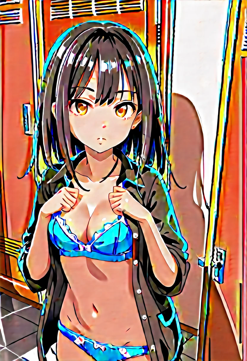 (((masterpiece) (((((Highest quality))))((high resolution))))), Very detailed, Ultra-realistic, )、、locker room、Open shirt、Blue Bra、bluepanties、Black Hair、、、Change of clothes、((Expressionless))、From above.stand、Look away.Yellow Eyes、Gaze Down、Grab your chest、((Two people))、kisen and women
