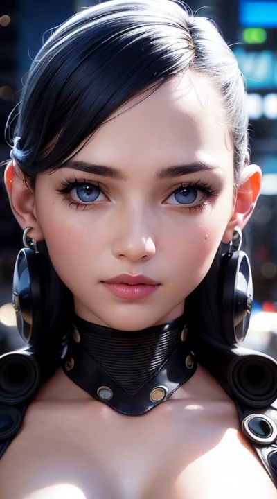 (best quality:1.0), (ultra highres:1.0), 1 girl, detailed beautiful skin, (kind smile:1.0), solo, (masterpiece:1.0), (best quality:1.4), (ultra highres:1.2), (photorealistic:1.4), 8k resolution, Canon EOS R5, 50mm, absurdres, ultra detailed, sharp focus, cinematic lighting, detailed beautiful face, figure, detailed skin texture, pale skin, thigh gap, detailed hair, random hair style, perfect eyes, detailed eyes, (glistening skin1.15), ((portrait photo)), hair accessories, ear rings, futuristic, complex background, cyberpunk city street, night, cyborg, robotic parts, futuristic weapons and accessories, ray lighting, backlighting, closeup photo, blue tone background