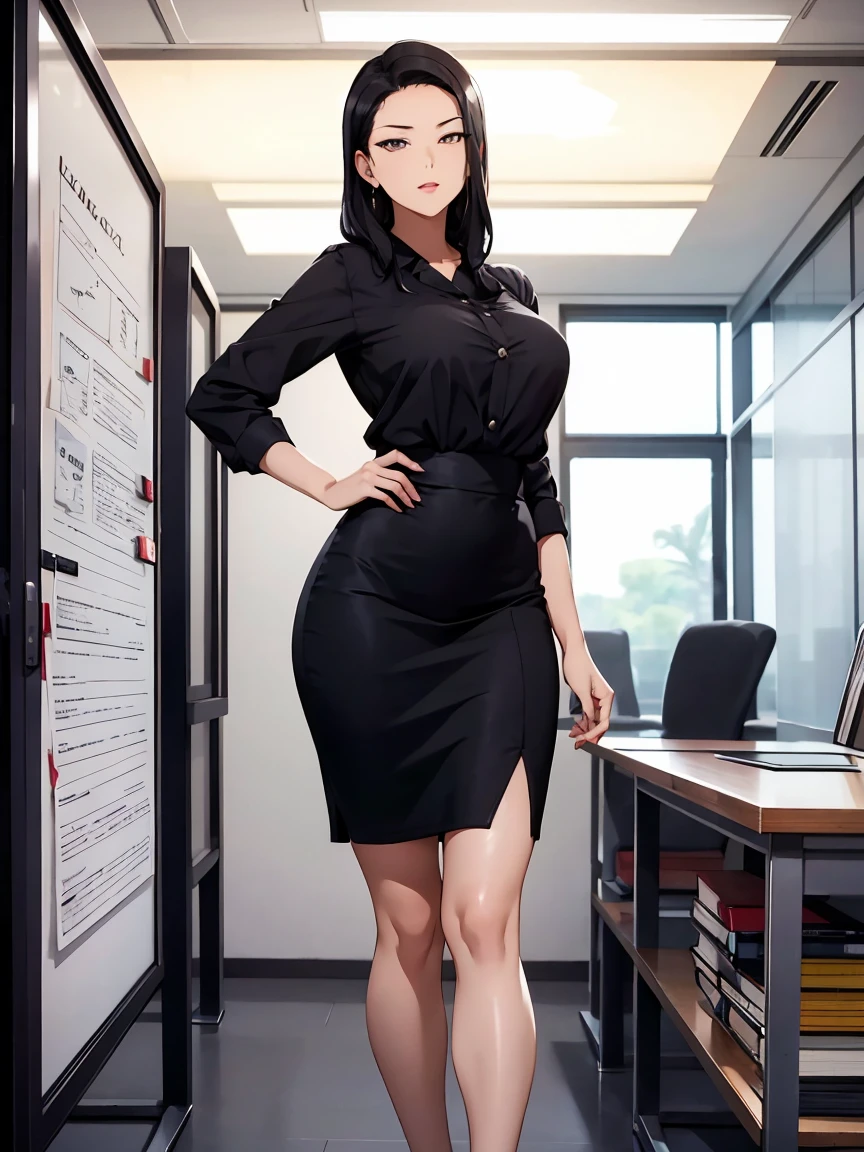 A beautiful Asian woman in her late 30s, with long black hair styled neatly. She is wearing an elegant office lady (OL) outfit consisting of a fitted white blouse, a knee-length black pencil skirt, and black high heels. She has a gentle yet confident expression, exuding both professionalism and warmth. The setting is a modern classroom with a whiteboard behind her, and she is holding a stack of books. Her outfit complements her slim and graceful figure, and she stands in a poised and composed manner
