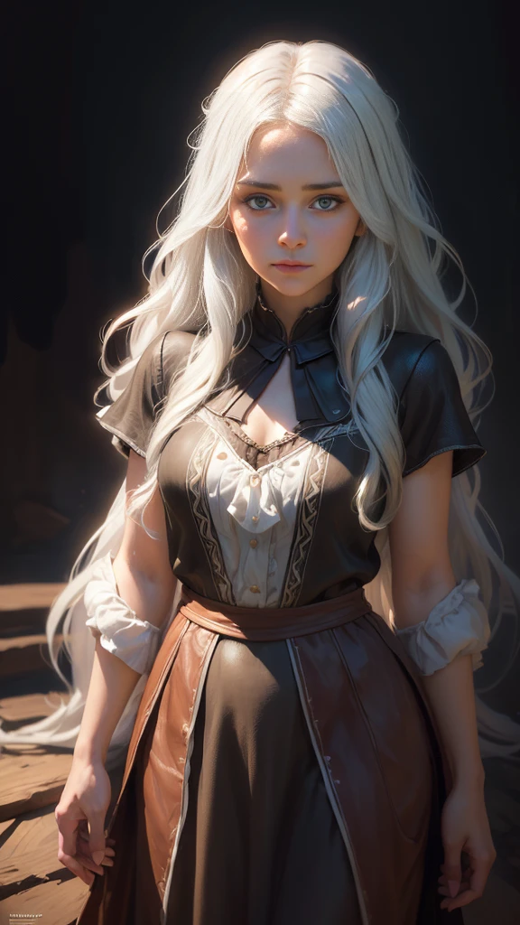 (front focus), (in the dark:1.6), Hyperrealist portrait of female by david hockney and alphonse mucha, fantasy art, photo realistic, dynamic lighting, artstation, poster, volumetric lighting, very detailed faces, 4 k, award winning, 1girl, in the dark, deep shadow, low key, cowboy shot, (official clothing:1.4), long hair, white hair