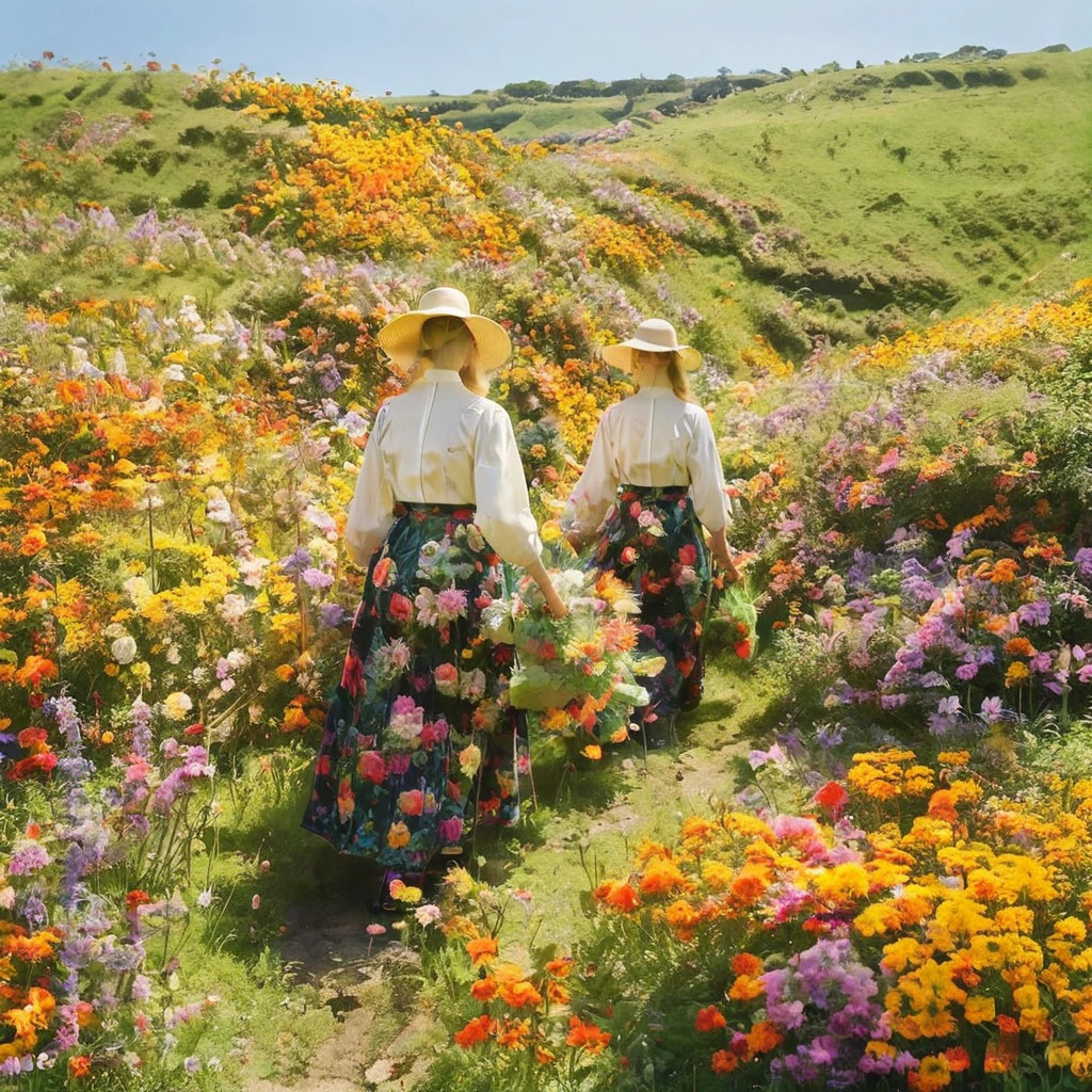 Flower-picking hills, bright sunshine, maidens