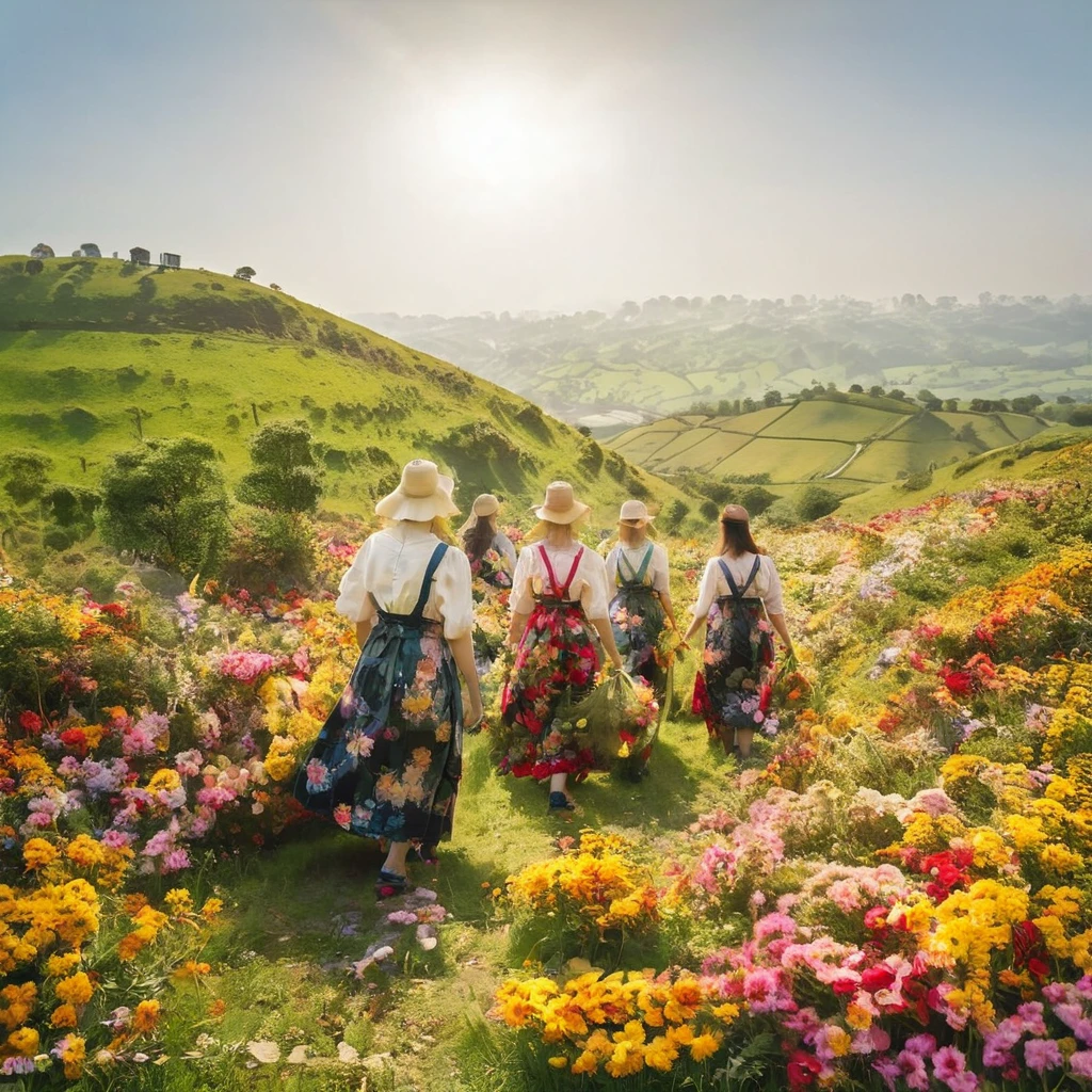 Flower-picking hills, bright sunshine, maidens