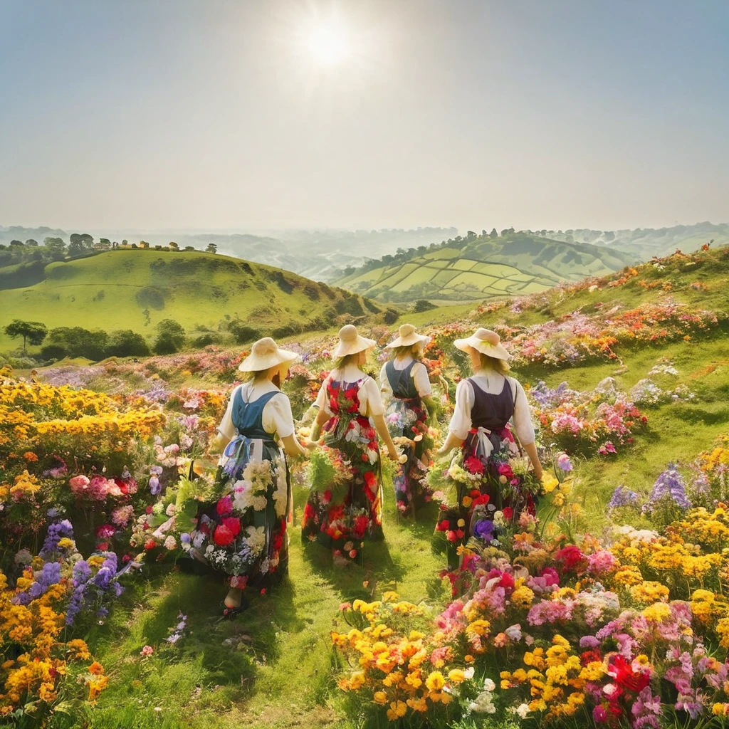 Flower-picking hills, bright sunshine, maidens