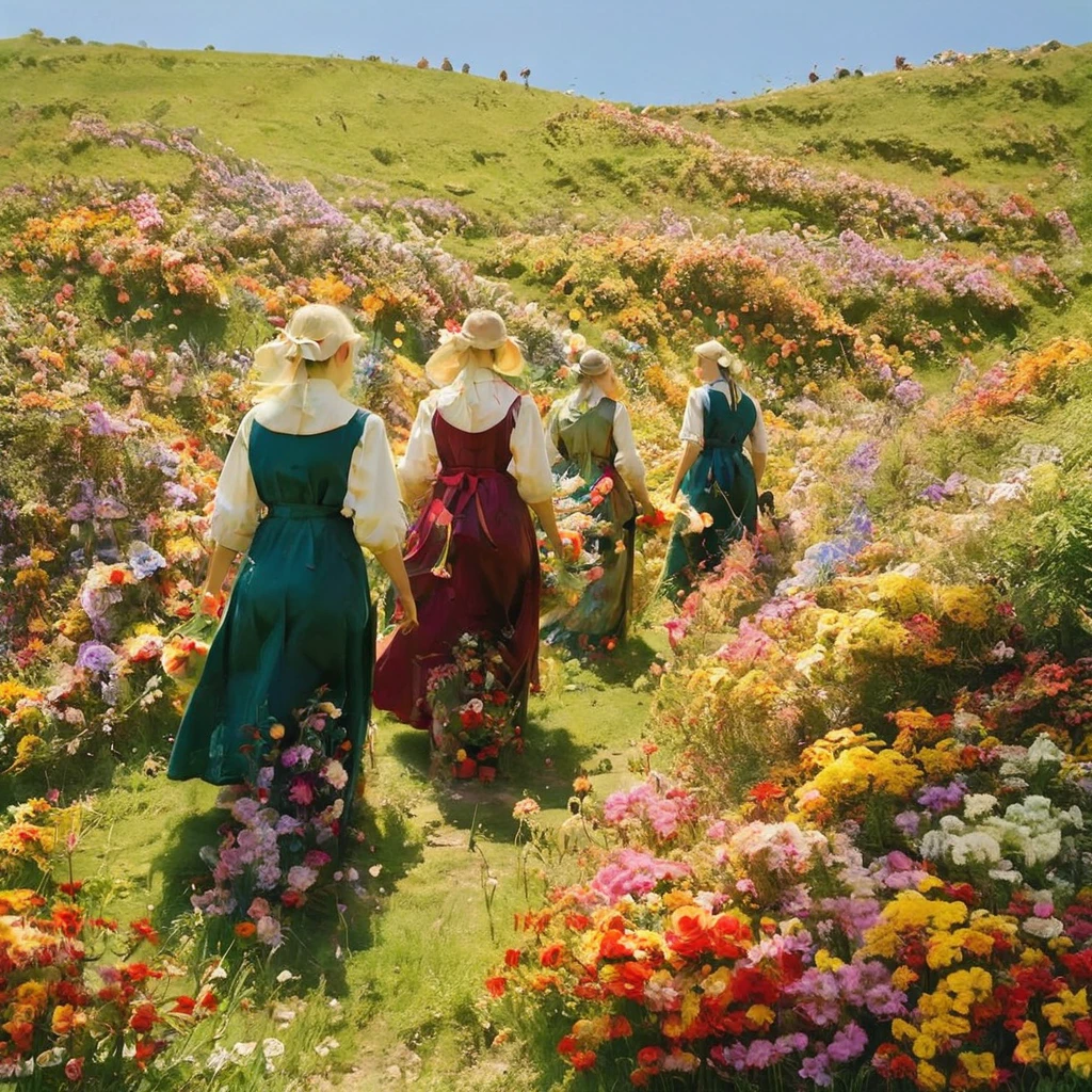 Flower-picking hills, bright sunshine, maidens