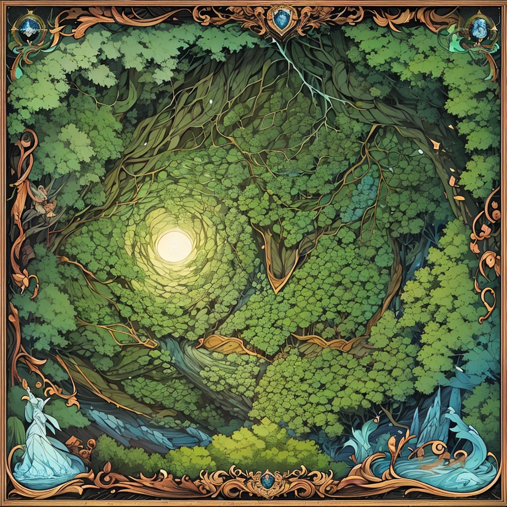 Geographic map of the dark impenetrable forest where monsters live and many secret unexplored places, only the brave men who drew the map enter there. The forest itself is shaped like a medium-sized country and does not have straight lines along the contour. It is known that several rivers flow through the forest area., there is a waterfall. The lake, which is also located in the forest, is filled with light., in its center stands a statue of the goddess patroness of magic. The map itself is very ancient and looks like it was drawn by hand.