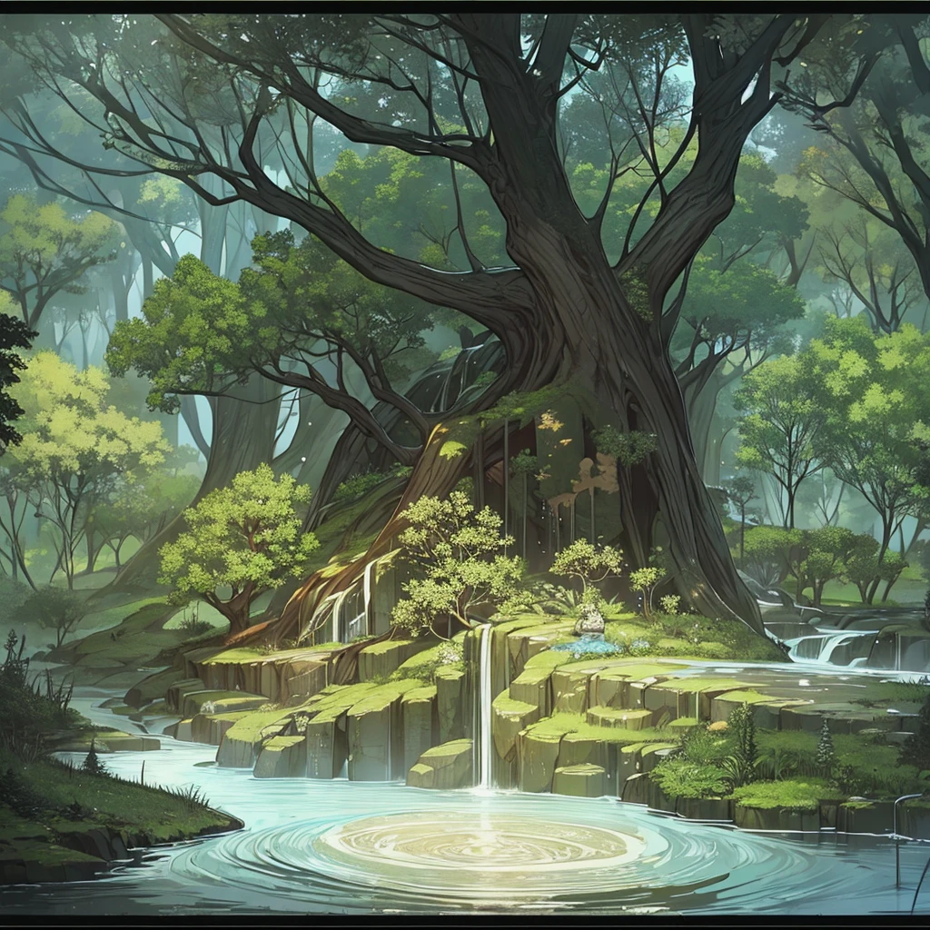 Geographic map of the dark impenetrable forest where monsters live and many secret unexplored places, only the brave men who drew the map enter there. The forest itself is shaped like a medium-sized country and does not have straight lines along the contour. It is known that several rivers flow through the forest area., there is a waterfall. The lake, which is also located in the forest, is filled with light., in its center stands a statue of the goddess patroness of magic. The map itself is very ancient and looks like it was drawn by hand.