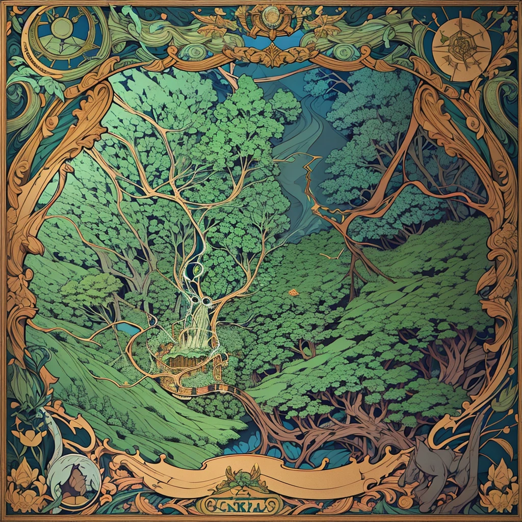 Geographic map of the dark impenetrable forest where monsters live and many secret unexplored places, only the brave men who drew the map enter there. The forest itself is shaped like a medium-sized country and does not have straight lines along the contour. It is known that several rivers flow through the forest area., there is a waterfall. The lake, which is also located in the forest, is filled with light., in its center stands a statue of the goddess patroness of magic. The map itself is very ancient and looks like it was drawn by hand.