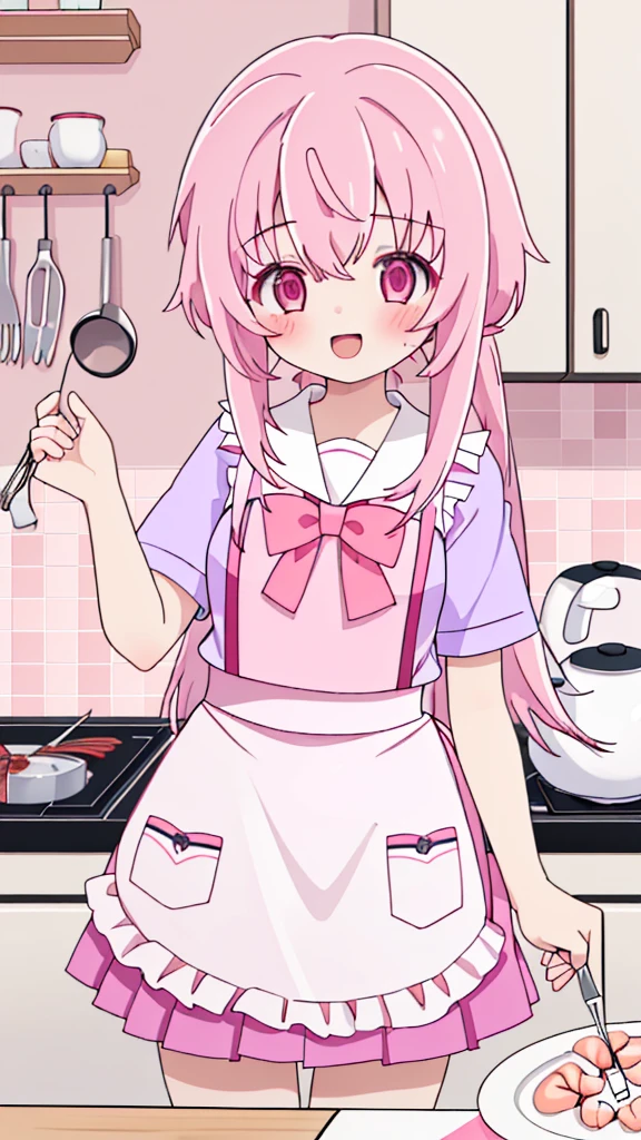 (1girl in、solo、Laugh、Cooking in the kitchen、Cooking shrimp on a plate) pink hair, pink eyes with love, detailed eyes, straight hair, straight bangs, shiny hair,
,red bowtie,purple skirt,purple shirt,pleated skirt,short sleeves, high-definition,masterpiece, best quality, slim waist, cute, sailor uniform, Wear an apron, (PastelColors: 1.3)