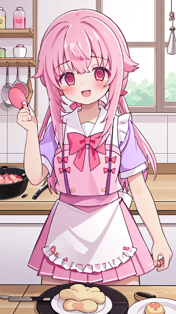 (1girl in、solo、Laugh、Cooking in the kitchen、Cooking shrimp on a plate) pink hair, pink eyes with love, detailed eyes, straight hair, straight bangs, shiny hair,
,red bowtie,purple skirt,purple shirt,pleated skirt,short sleeves, high-definition,masterpiece, best quality, slim waist, cute, sailor uniform, Wear an apron, (PastelColors: 1.3)
