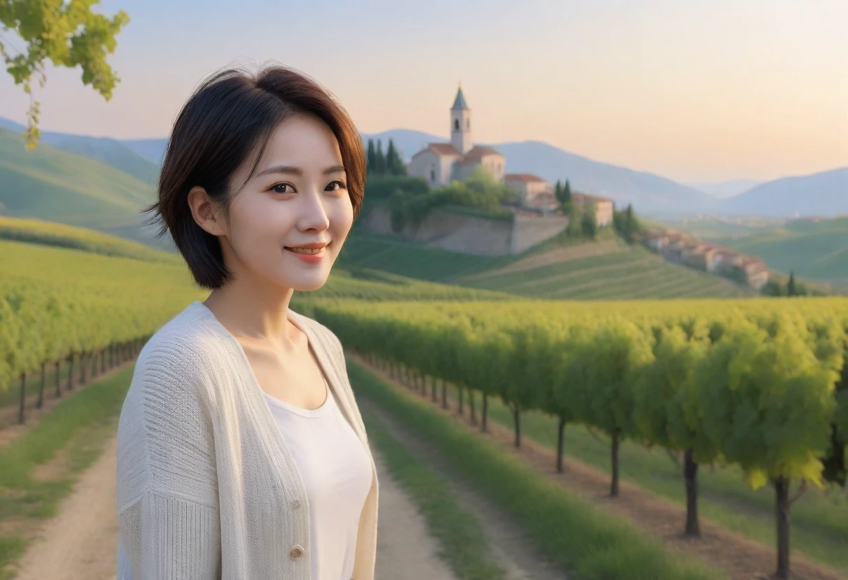 8k best picture quality, Beautiful 36-year-old Korean woman, Chest size 34 inches, northern italy dawn, View of the cathedral next to the vineyards, The back background is realistic and vivid quality., short medium hair, white shirt and cardigan, Wear casual pants, Smile slightly. the background is clear, look up to the side. cottonwood tree-lined hill, Looking at the vineyards from a curved path